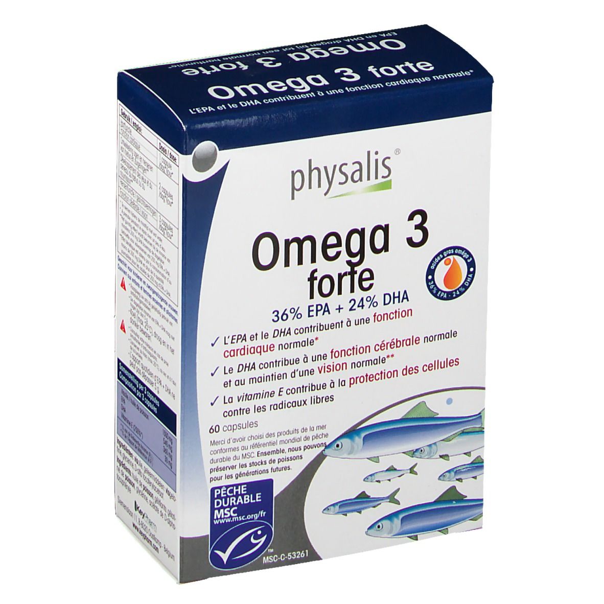 Verpackung von Physalis Omega 3 forte. Blaue und weiße Schachtel mit Produktnamen und Fisch-Illustration. Enthält 60 Kapseln.