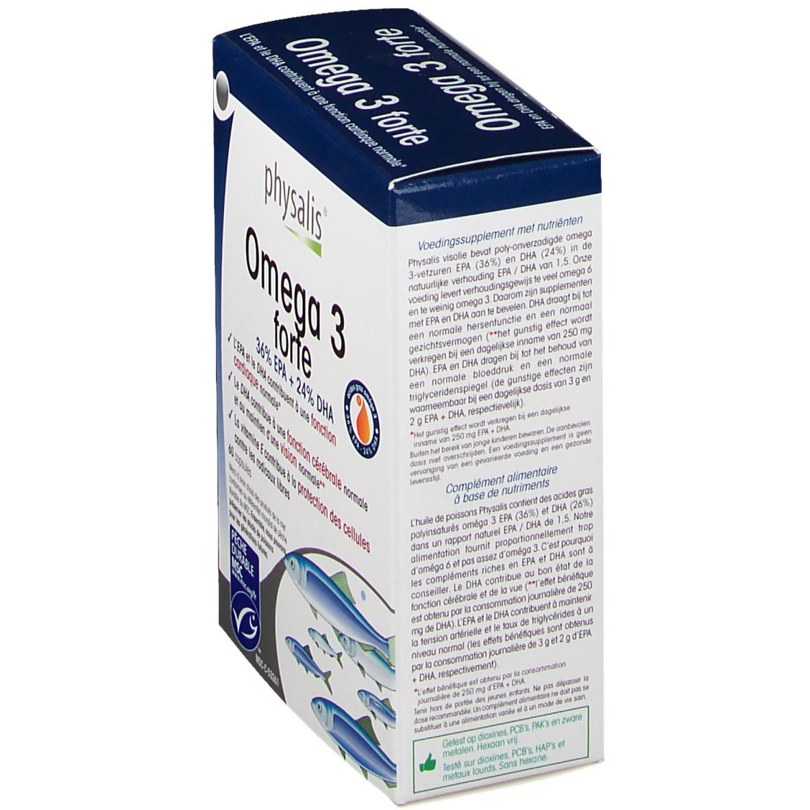 Schrägansicht der Verpackung von Physalis Omega 3 forte. Blaue und weiße Schachtel mit Produktinformationen und Fisch-Illustration.