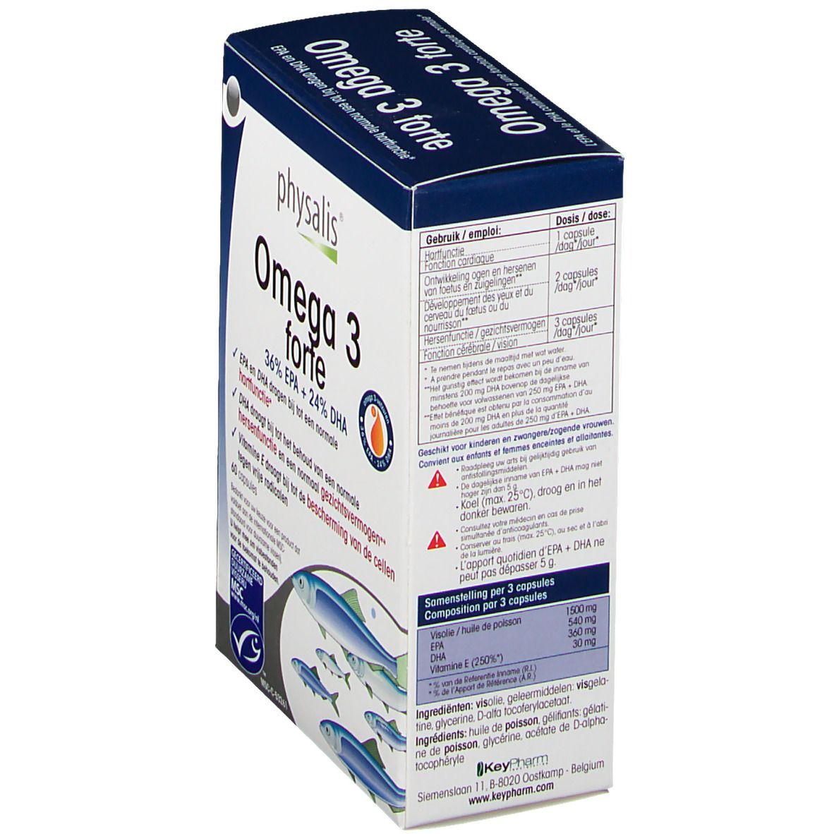 Verpackung von Physalis Omega 3 forte. Blaue und weiße Schachtel mit Produktinformationen und Fisch-Illustration. Enthält 60 Kapseln.