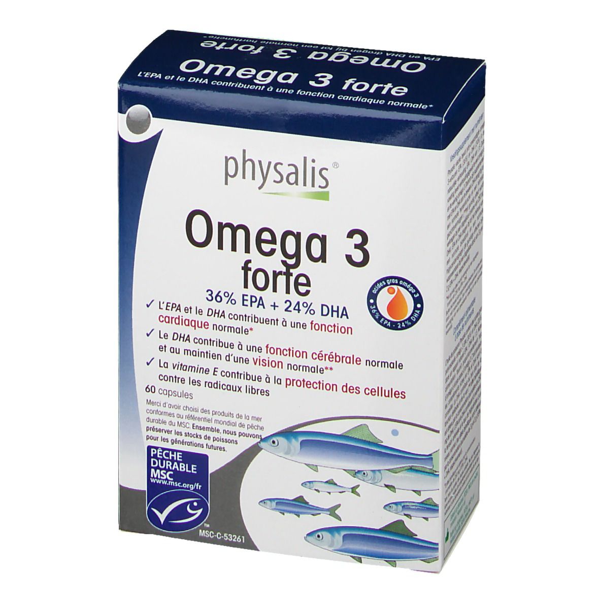 Verpackung von Physalis Omega 3 forte. Blaue und weiße Schachtel mit Produktnamen und Fisch-Illustration. Enthält 60 Kapseln.