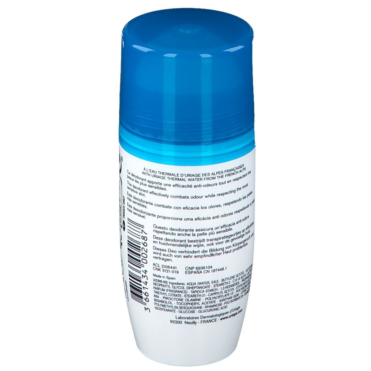 Deodorant-Roller. Weißer Behälter mit blauem Deckel. Uriage-Logo und Produktinformationen.
