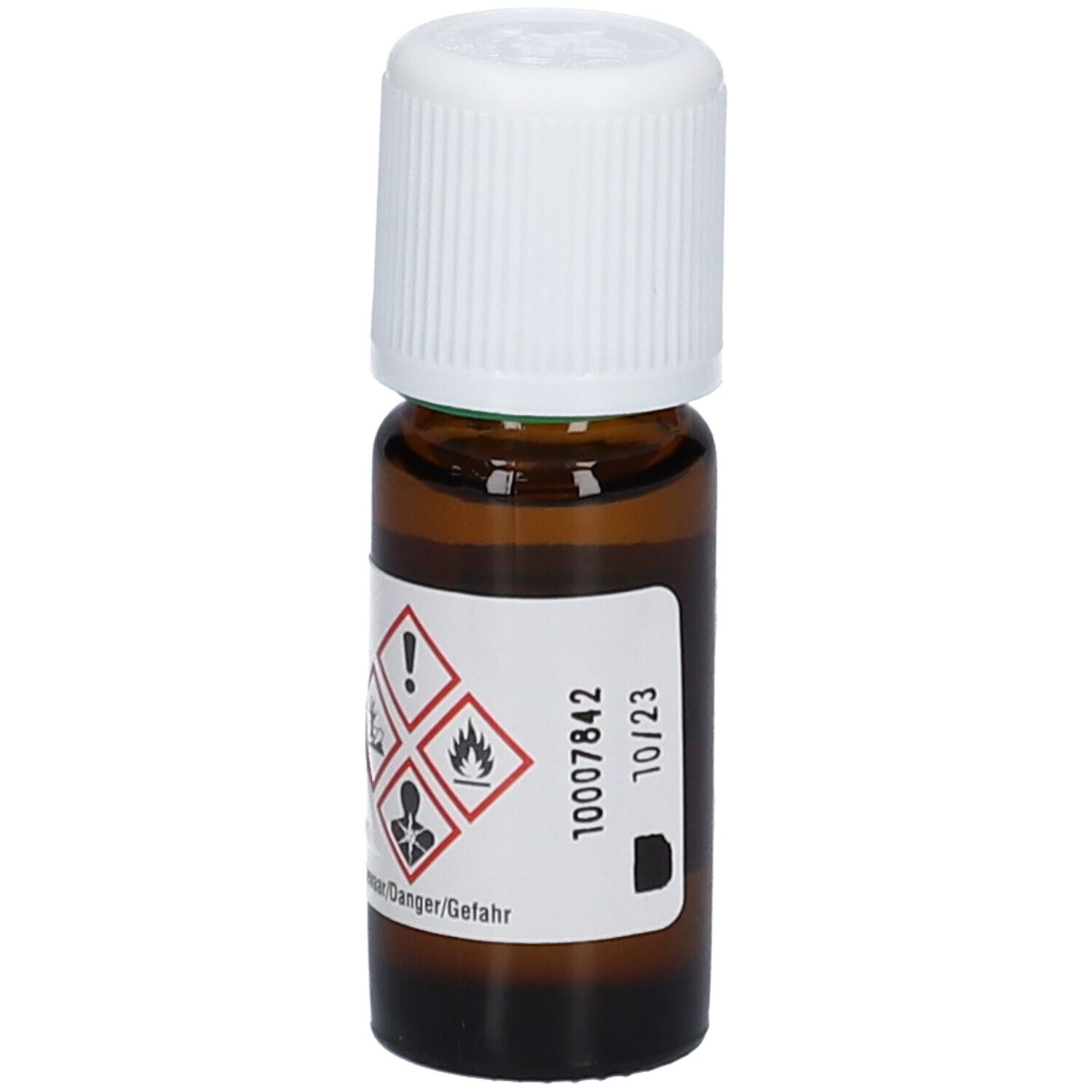 Braune Glasflasche mit weißem Schraubverschluss. Etikett mit Gefahrensymbolen und Verfallsdatum. Warnhinweise.