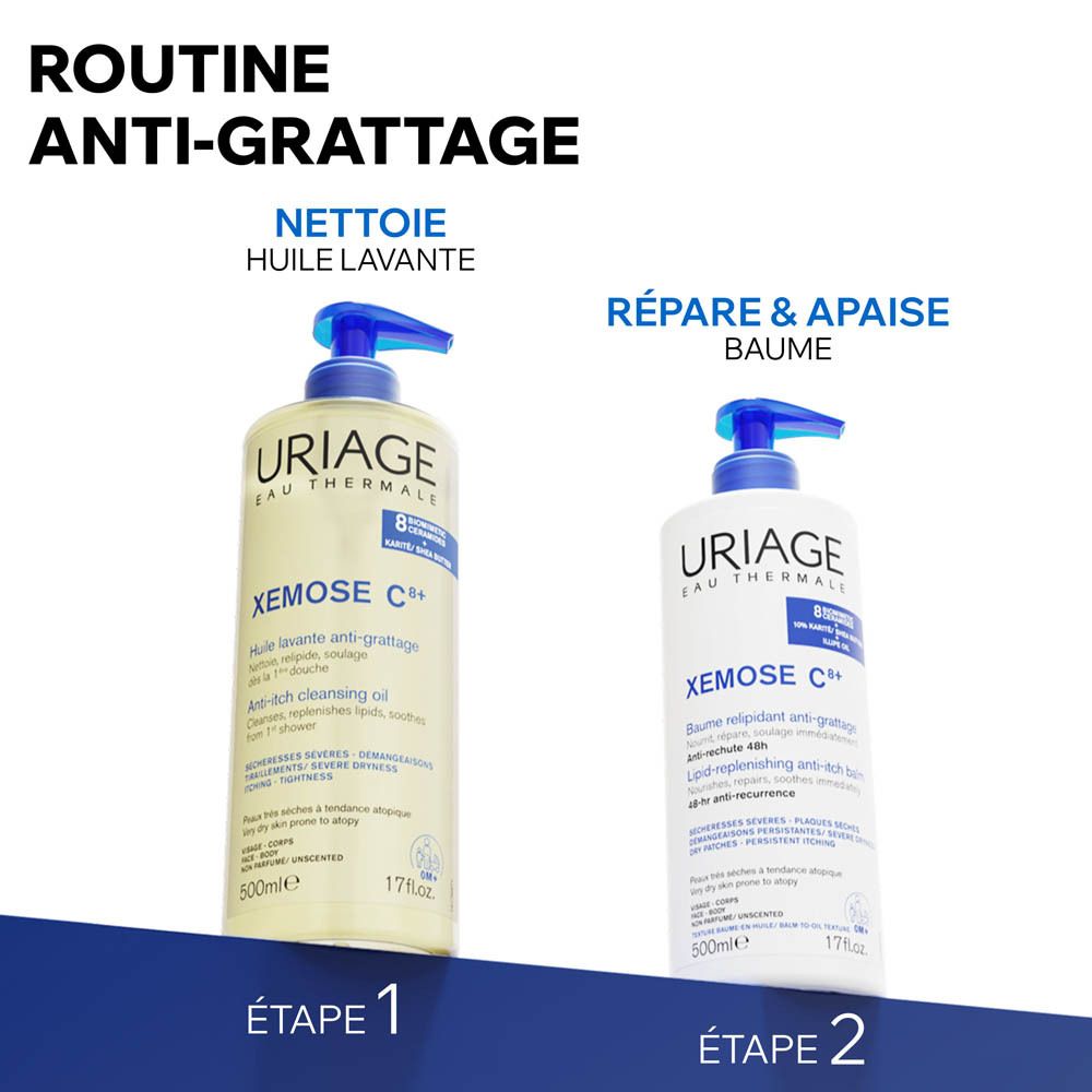 Uriage Xémose C+ huile lavante anti-grattage. Flacon avec pompe bleue. 1 litre.