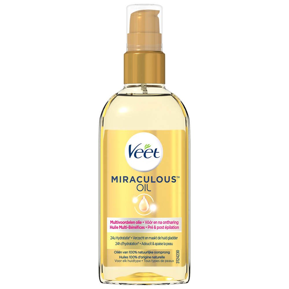 Veet Miraculous™ Oil Flasche mit goldfarbenem Pumpkopf. Aufschrift: Miraculous Oil, Öl für vor und nach der Enthaarung.