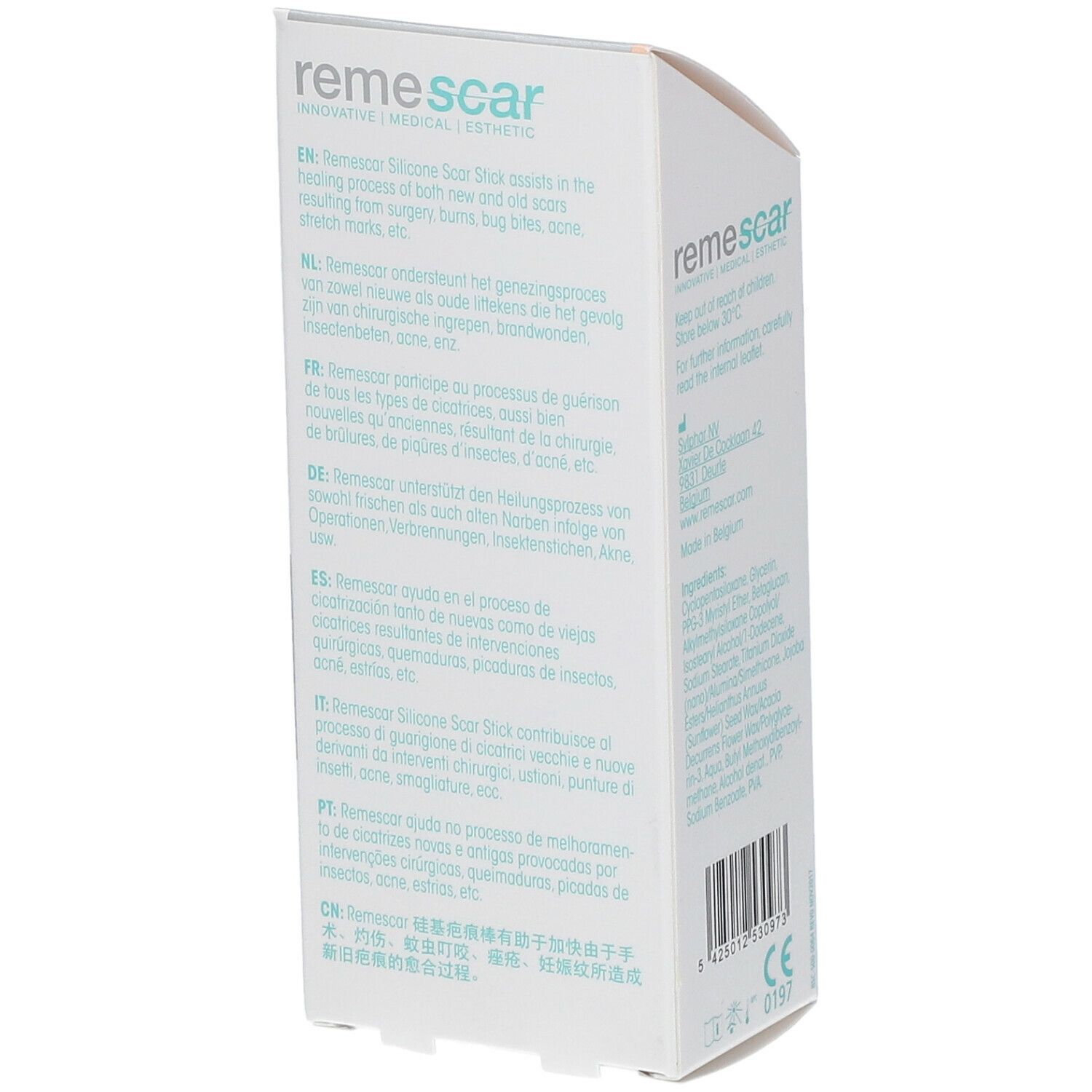 Verpackung Remescar Silikon Narbenstift. Text in mehreren Sprachen. Enthält Informationen zur Anwendung und Inhaltsstoffe.