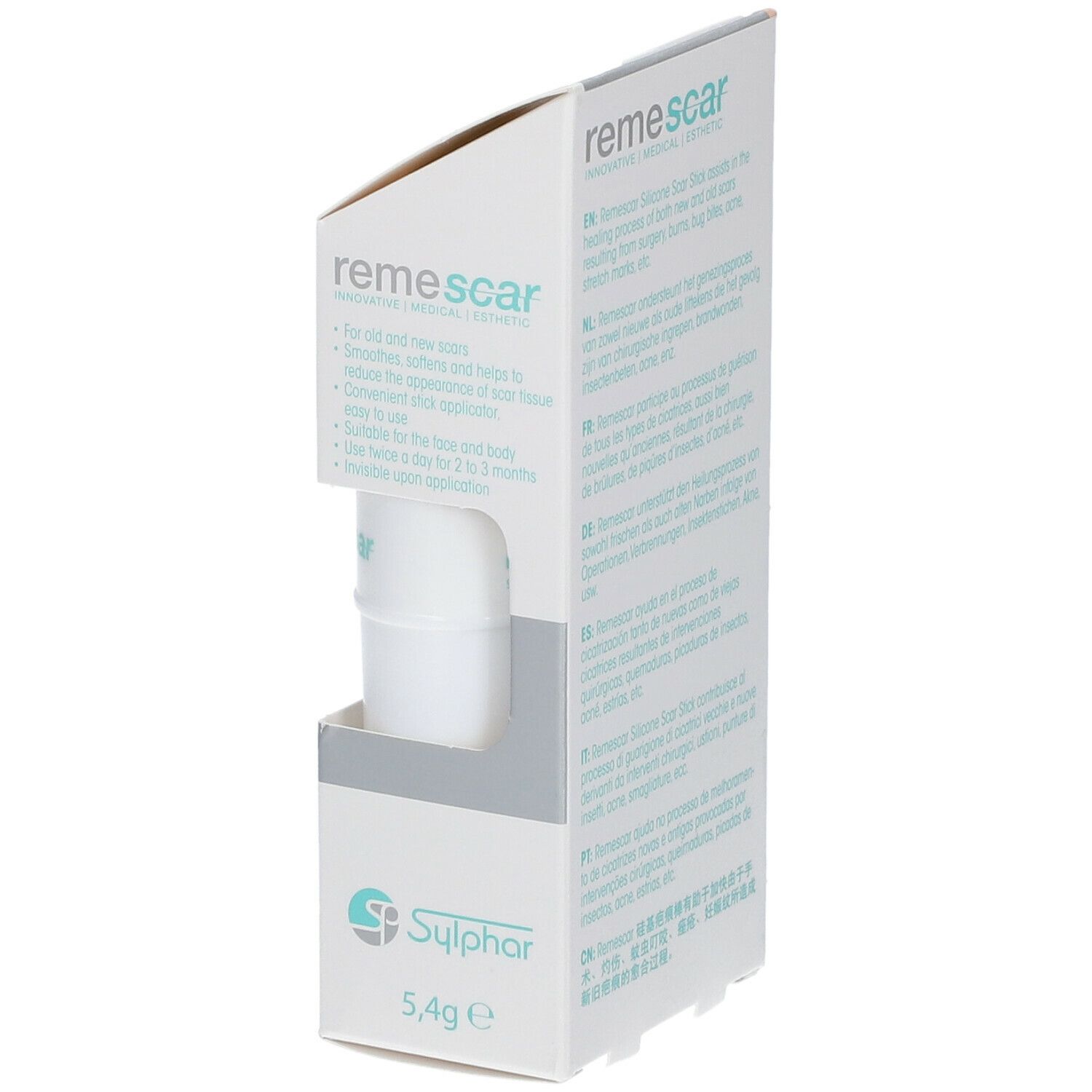 Verpackung Remescar Silikon Narbenstift. Enthält Informationen zur Anwendung. Enthält 5,4g. Sylphor-Logo.