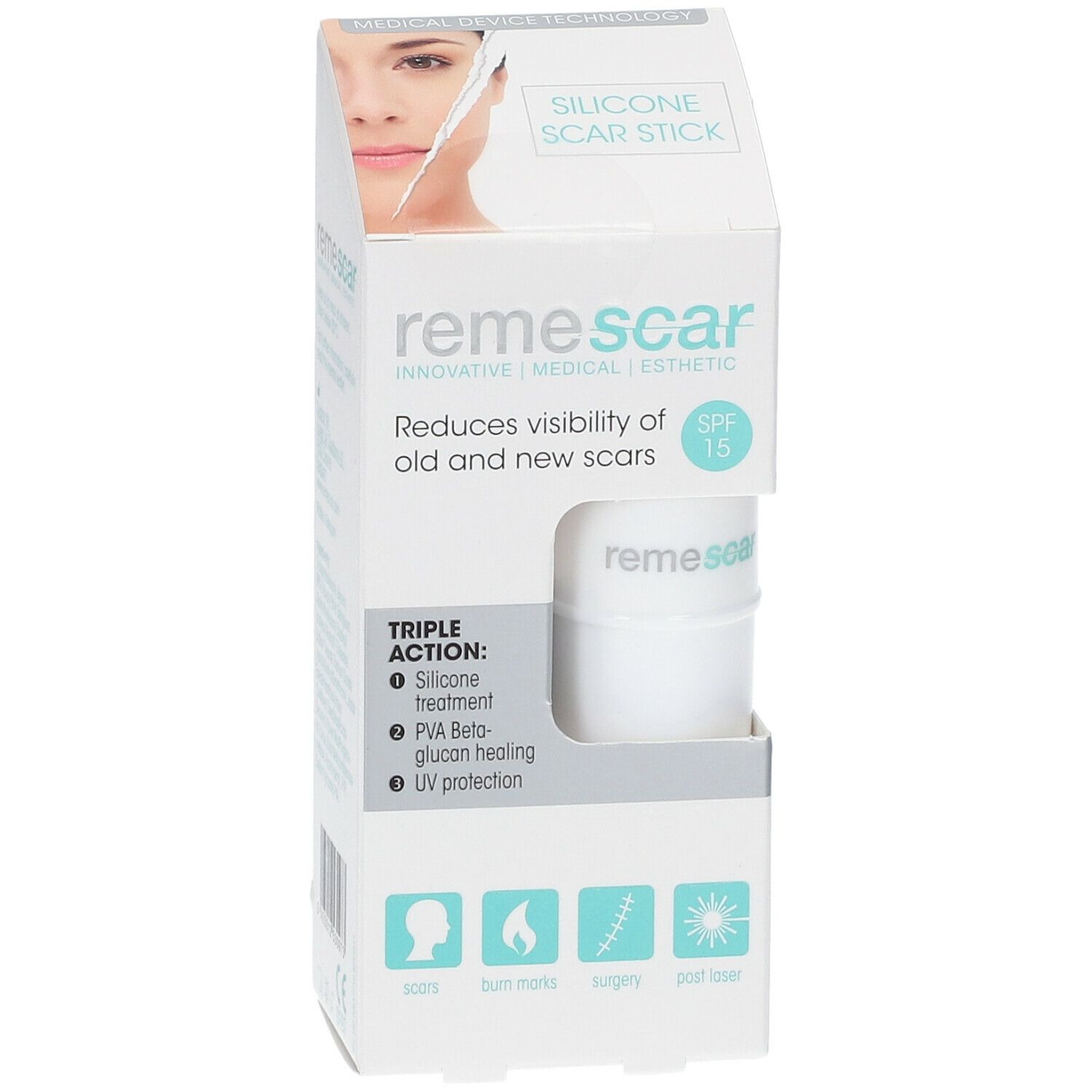 Verpackung mit Remescar Silikon Narbenstift. Reduziert Narben. Enthält SPF 15. Sichtbare Merkmale: Narben, Brandmale, Chirurgie, Sonnenexposition.