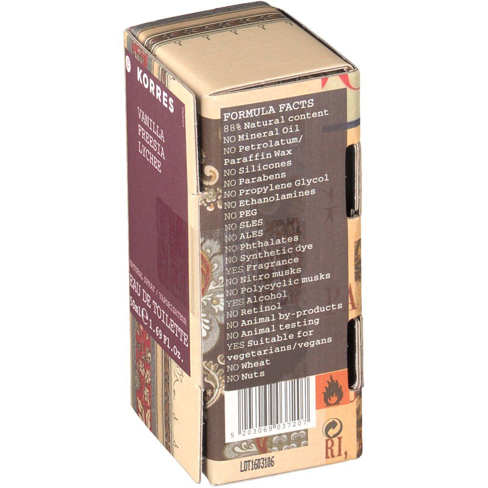 Kartonverpackung mit Produktinformationen. Aufschrift: KORRES, Vanille/Fresia/Lychee. Enthält Inhaltsstoffliste und Formel-Fakten.