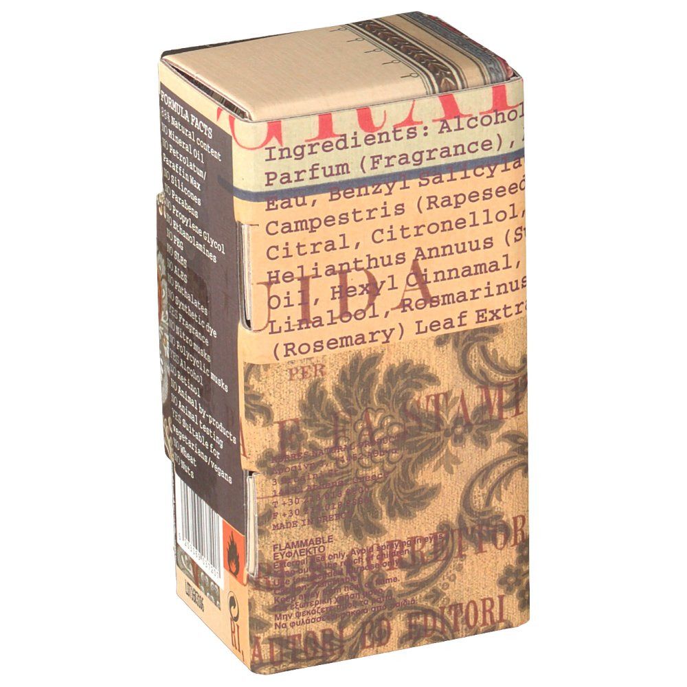 Kartonverpackung mit Produktinformationen. Aufschrift: Inhaltsstoffe, Alkohol, Parfum. Dekoratives Muster in Braun- und Beigetönen.