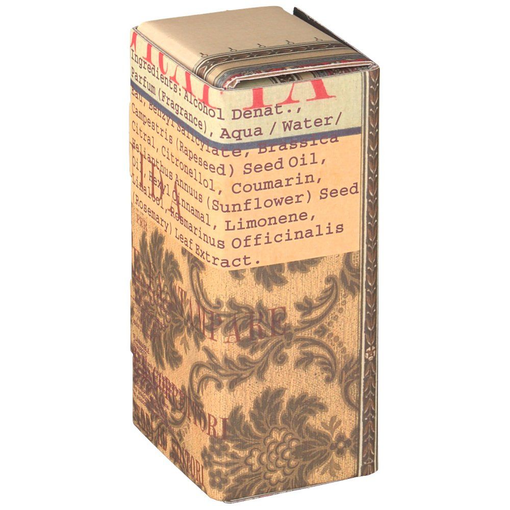 Kartonverpackung mit Produktinformationen. Aufschrift: Inhaltsstoffe, Alkohol, Parfum. Dekoratives Muster in Braun- und Beigetönen.