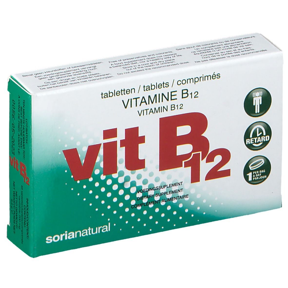 Boîte de comprimés Vitamine B12. Inscription: Vit B12. Marque: Soria Natural. Boîte verte et blanche.