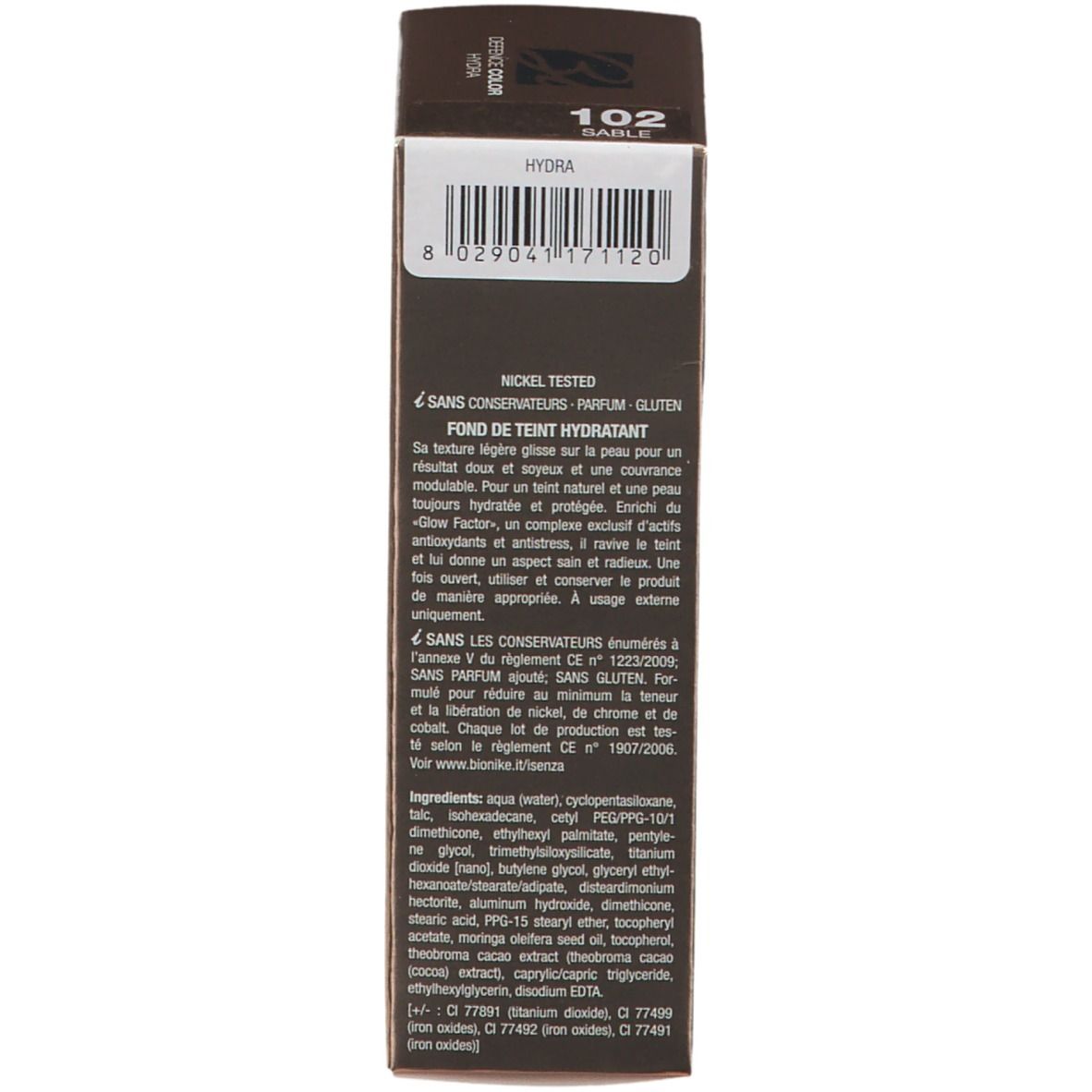Verpackung mit Inhaltsstoffen und Informationen. Aufschrift: 102 Sable. Marke: BioNike.