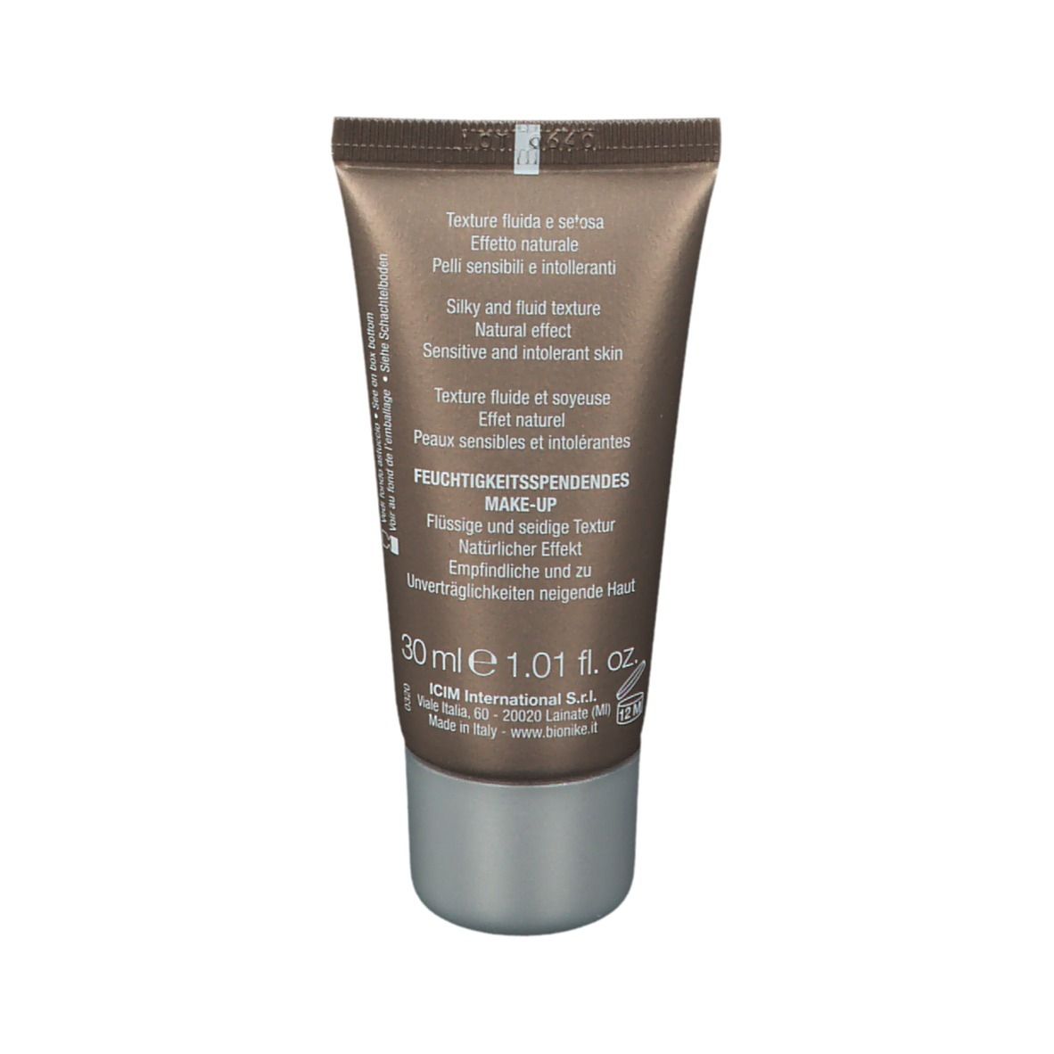 Rückseite der Foundation-Tube. Textinformationen in mehreren Sprachen. 30 ml. Marke BioNike. Nickel getestet.