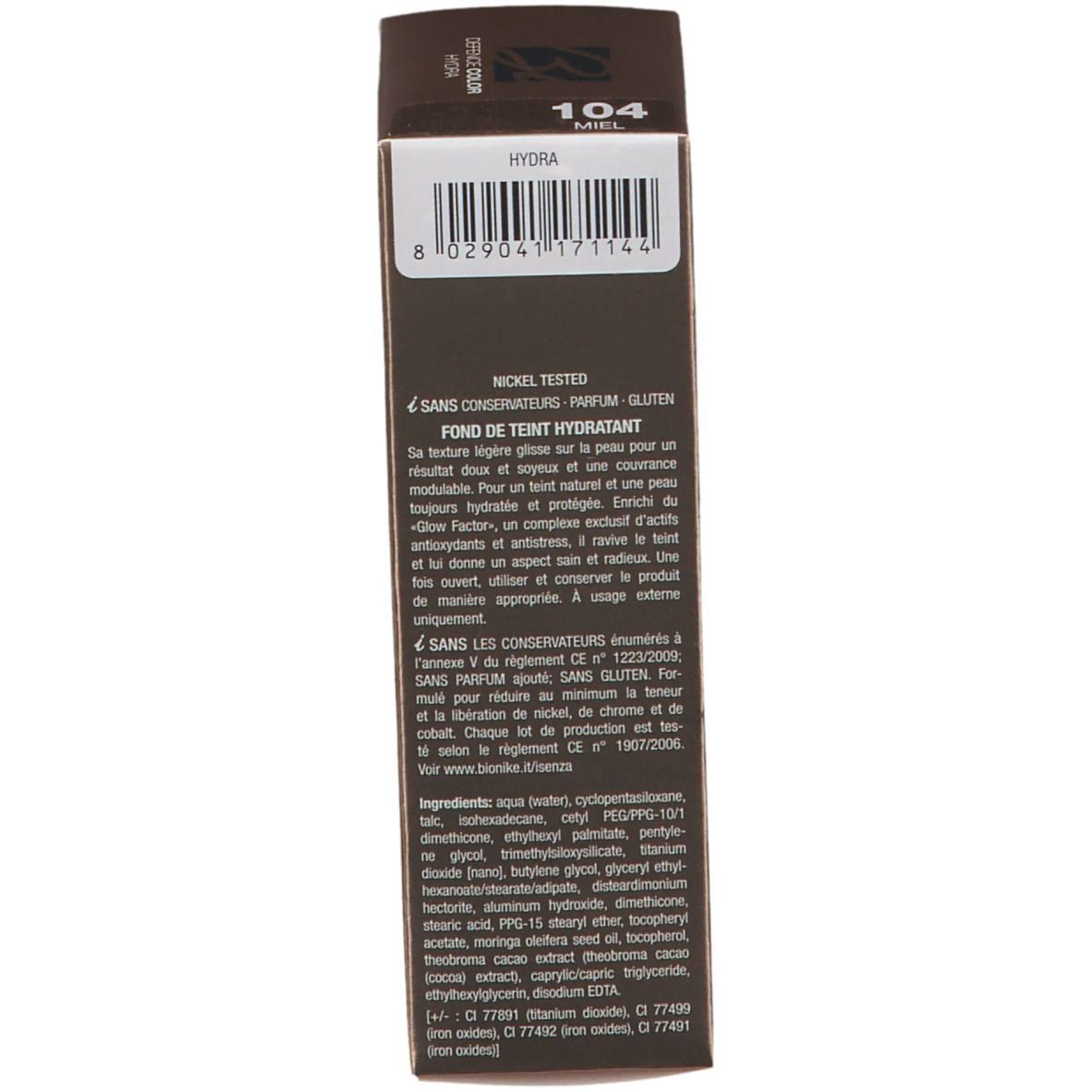 Rückseite der Verpackung. Textinformationen in mehreren Sprachen. Nickel getestet. Inhaltsstoffe.