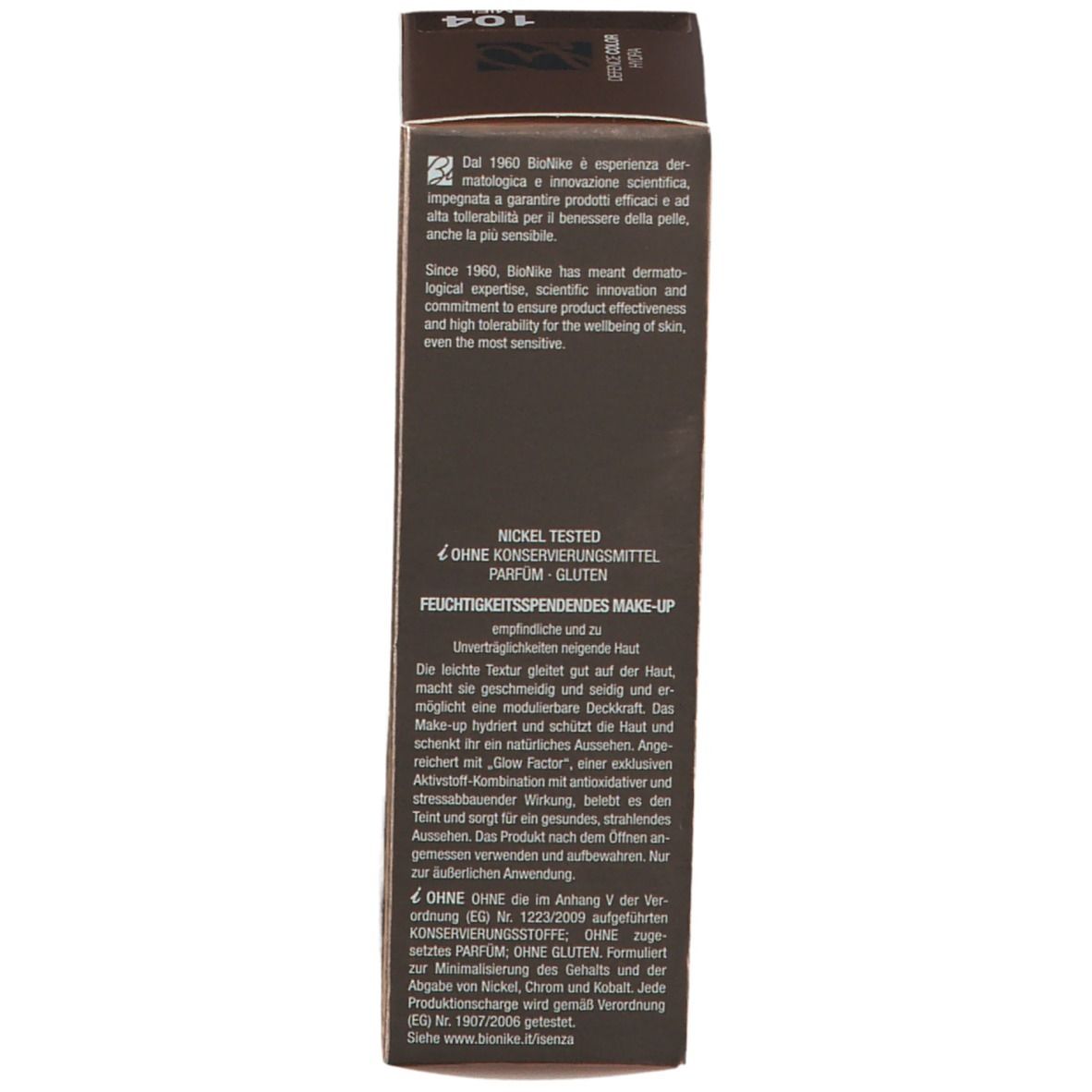Seite der Verpackung. Textinformationen in mehreren Sprachen. Nickel getestet. Beschreibung.