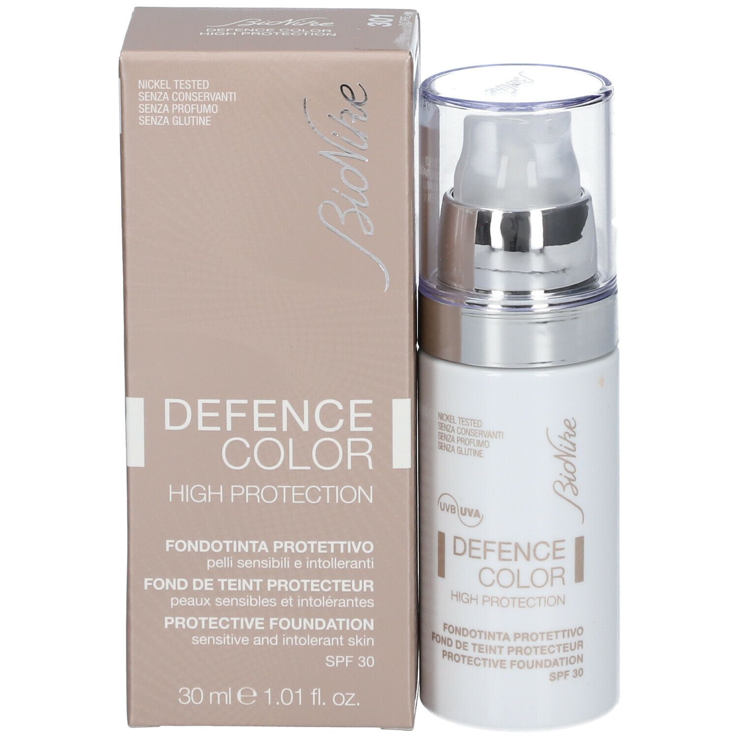 Produktverpackung und Flasche. Aufschrift: Defence Color High Protection, Protective Foundation SPF30. Marke: BioNike.