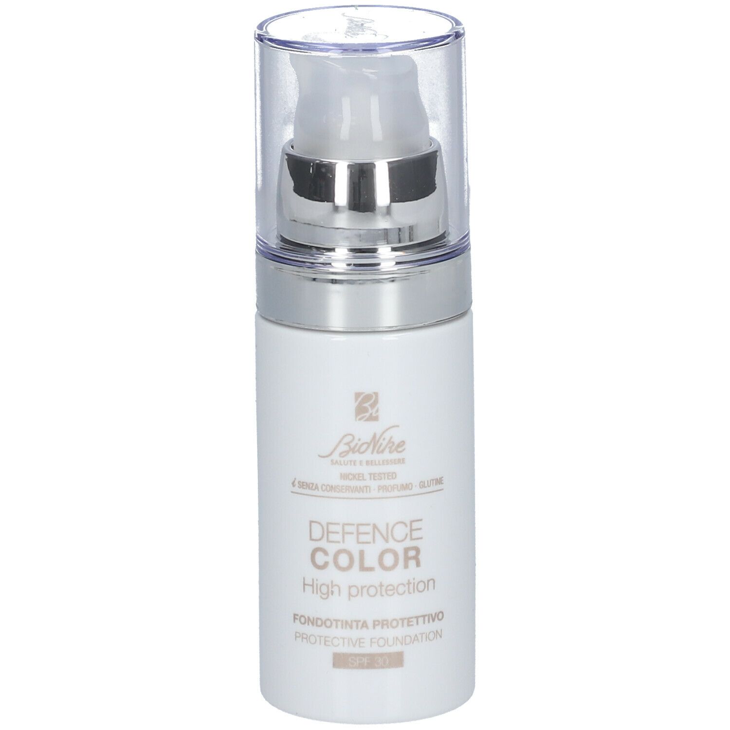 Weiße Flasche mit Pumpe. Aufschrift: DEFENCE COLOR High protection. SPF 30. Marke: BioNike.