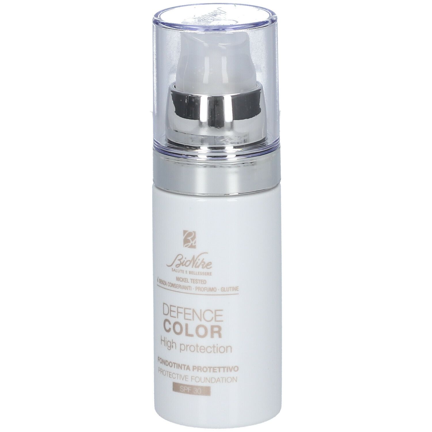 Weiße Flasche mit Pumpe. Aufschrift: DEFENCE COLOR High protection. SPF 30. Marke: BioNike.
