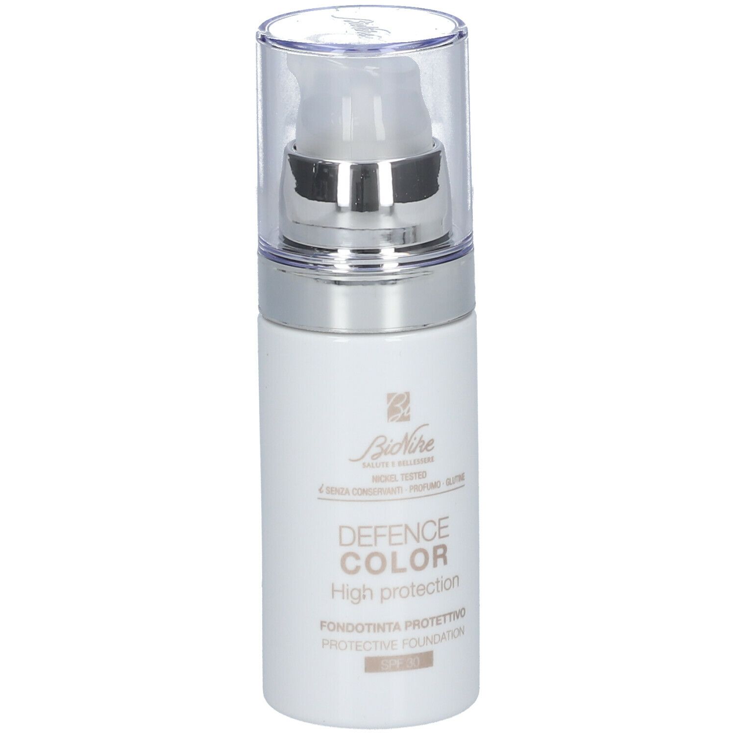Weiße Flasche mit Pumpe. Aufschrift: DEFENCE COLOR High protection. SPF 30. Marke: BioNike.