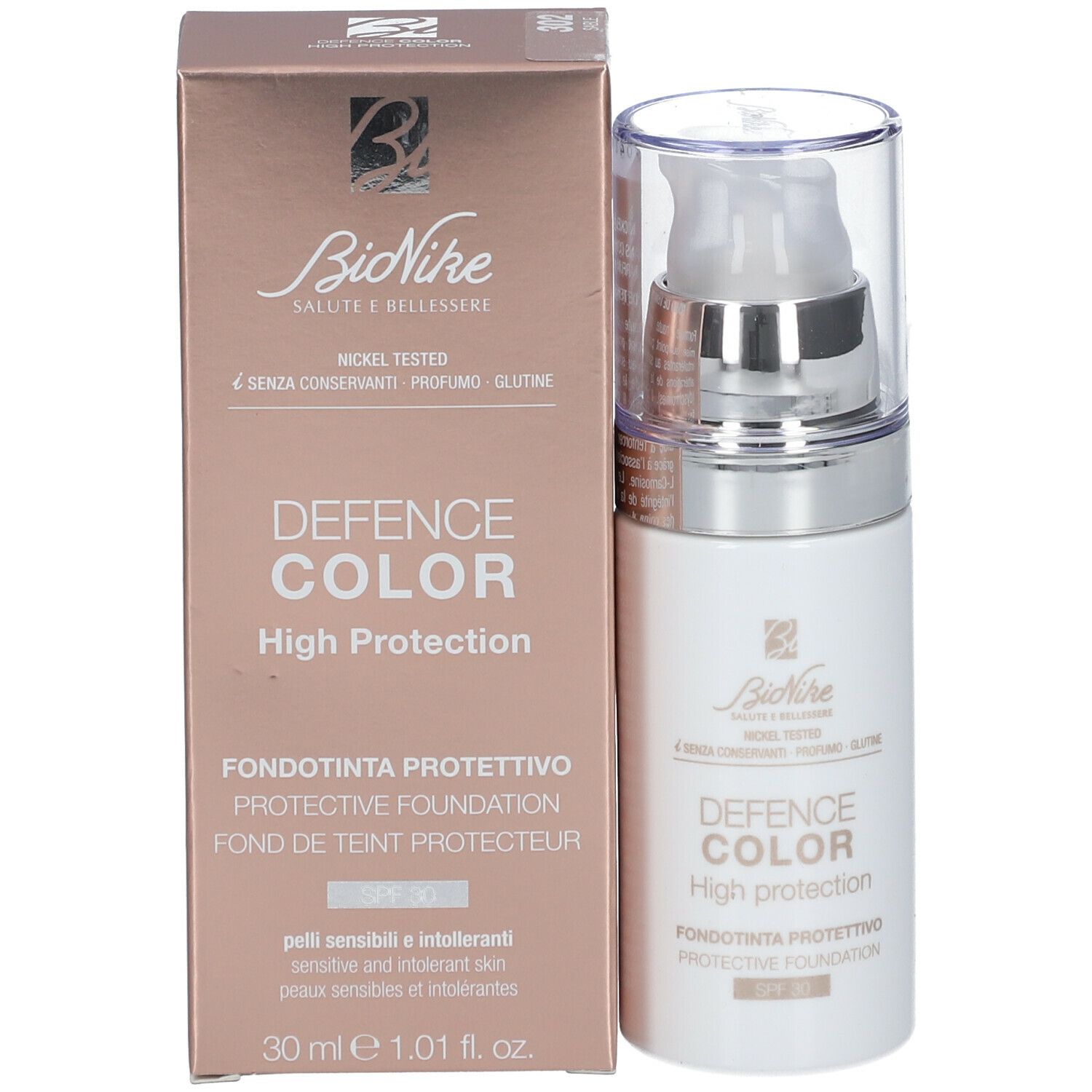 Produktverpackung mit Flasche und Pumpe. Aufschrift: DEFENCE COLOR High protection. SPF 30. Marke: BioNike.