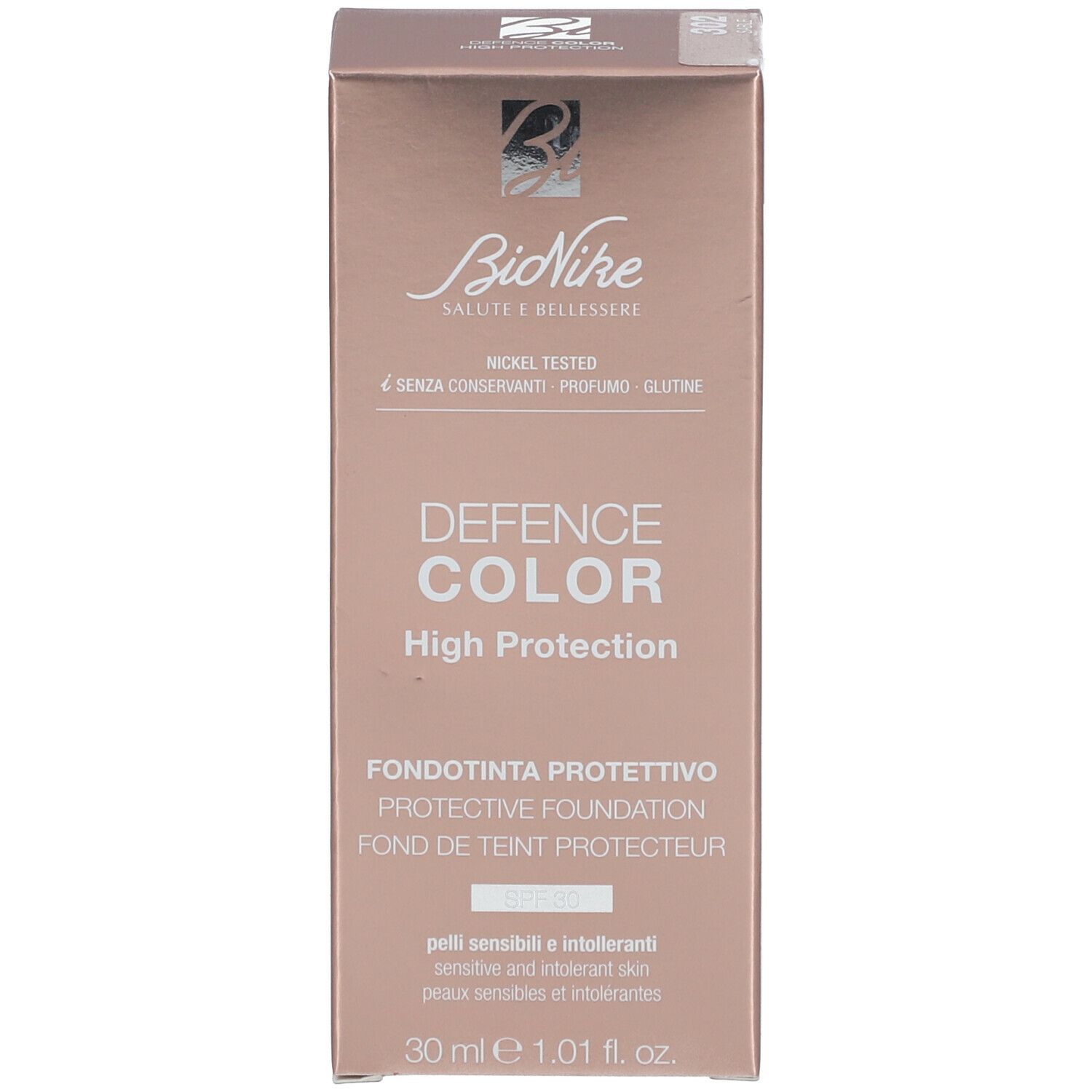 Produktverpackung. Aufschrift: DEFENCE COLOR High protection. SPF 30. Marke: BioNike. 30 ml.
