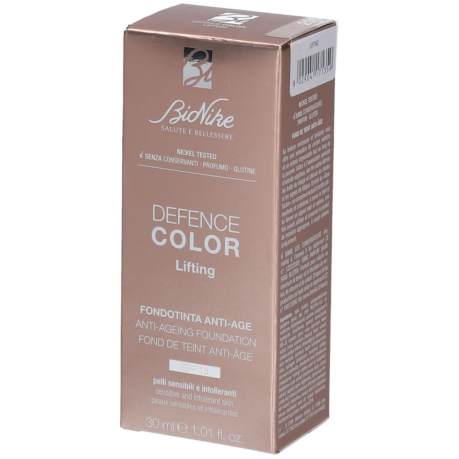 Boîte de fond de teint anti-âge BioNike DEFENCE COLOR Lifting. Informations produit visibles. Nickel testé, sans conservateurs, sans gluten.