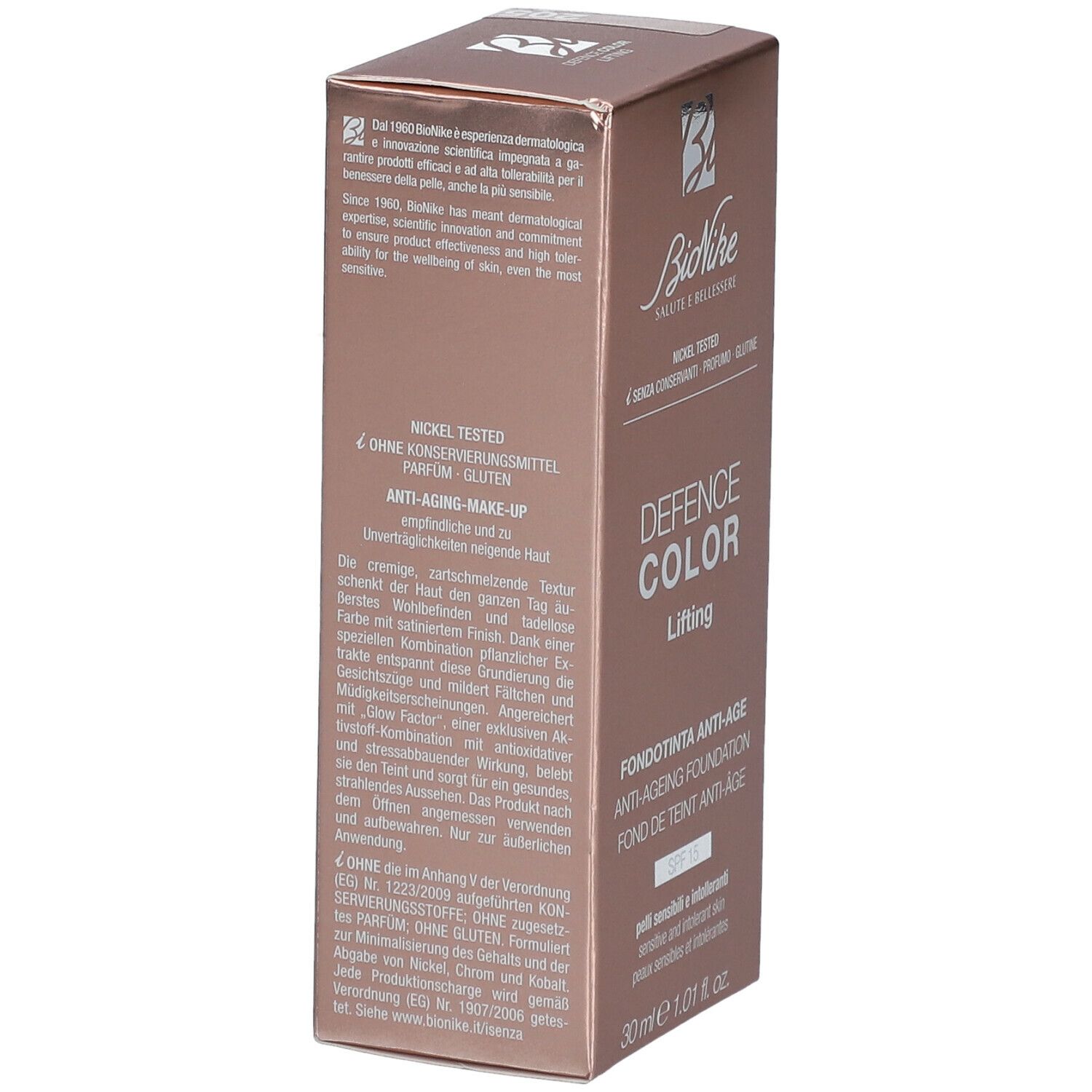 Boîte de fond de teint anti-âge BioNike DEFENCE COLOR Lifting. Informations produit visibles. Nickel testé, sans conservateurs, sans gluten.