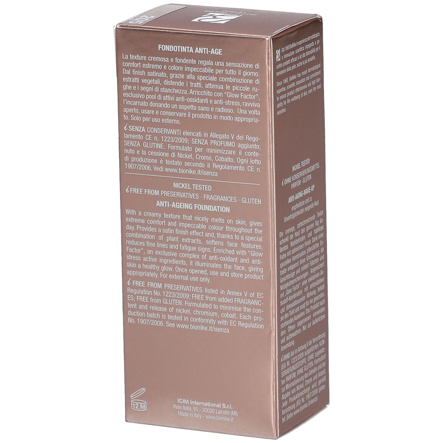 Boîte de fond de teint anti-âge BioNike DEFENCE COLOR Lifting. Informations produit visibles. Nickel testé, sans conservateurs, sans gluten.