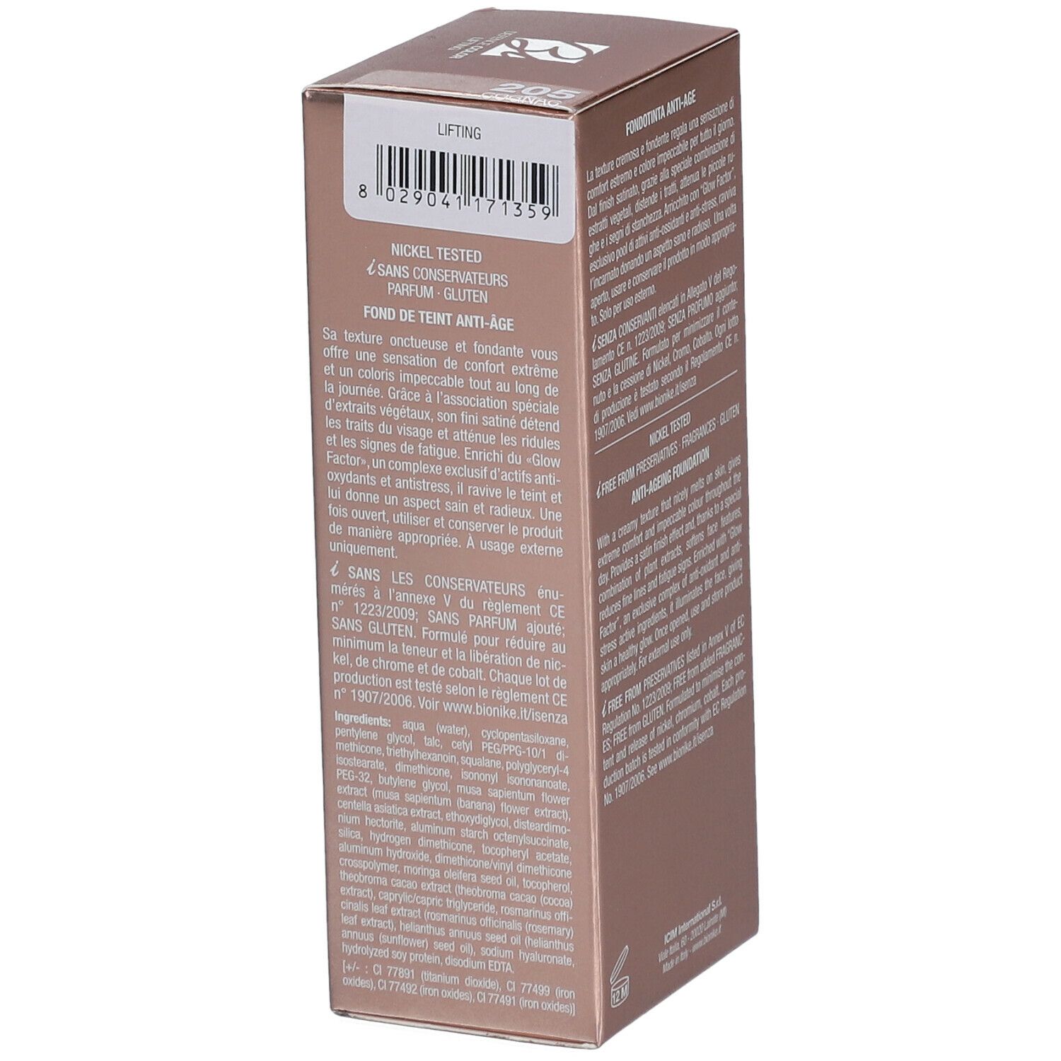 Boîte de fond de teint anti-âge BioNike DEFENCE COLOR Lifting. Informations produit visibles. Nickel testé, sans conservateurs, sans gluten.