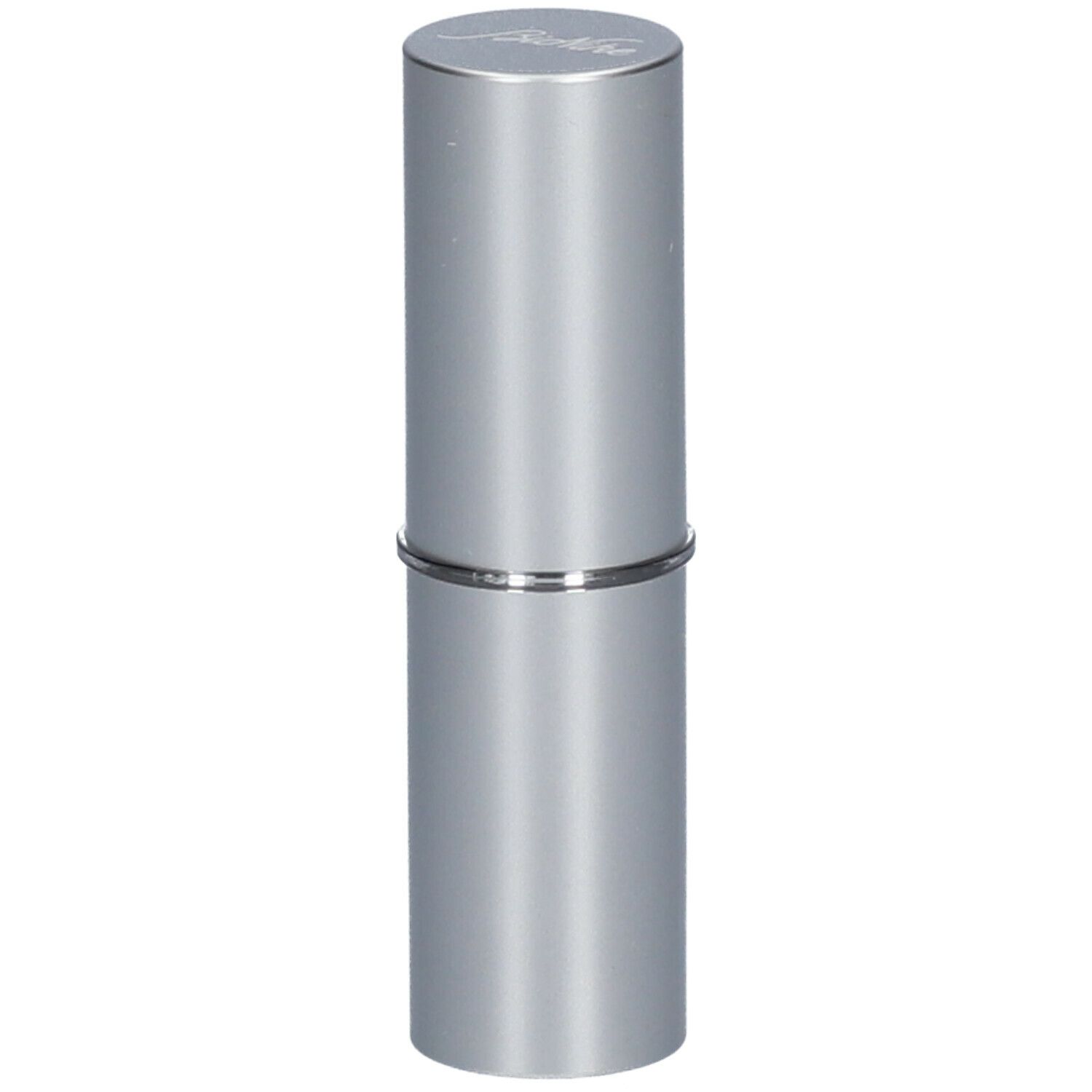 Rouge à lèvres cylindrique argenté. Le couvercle porte le nom de la marque.