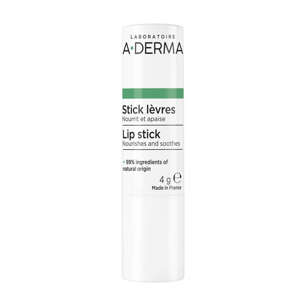 Stick à lèvres A-Derma, blanc, logo vert. Texte: Stick lèvres, Lip stick, 4g. Fabriqué en France.