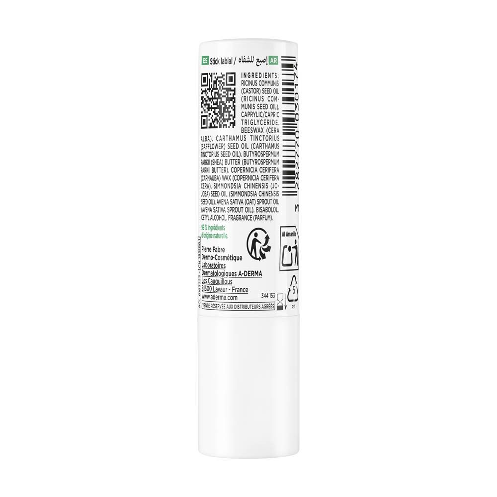 Stick à lèvres A-Derma, blanc, ingrédients. Texte: Stick lèvres, Lip stick, 4g.