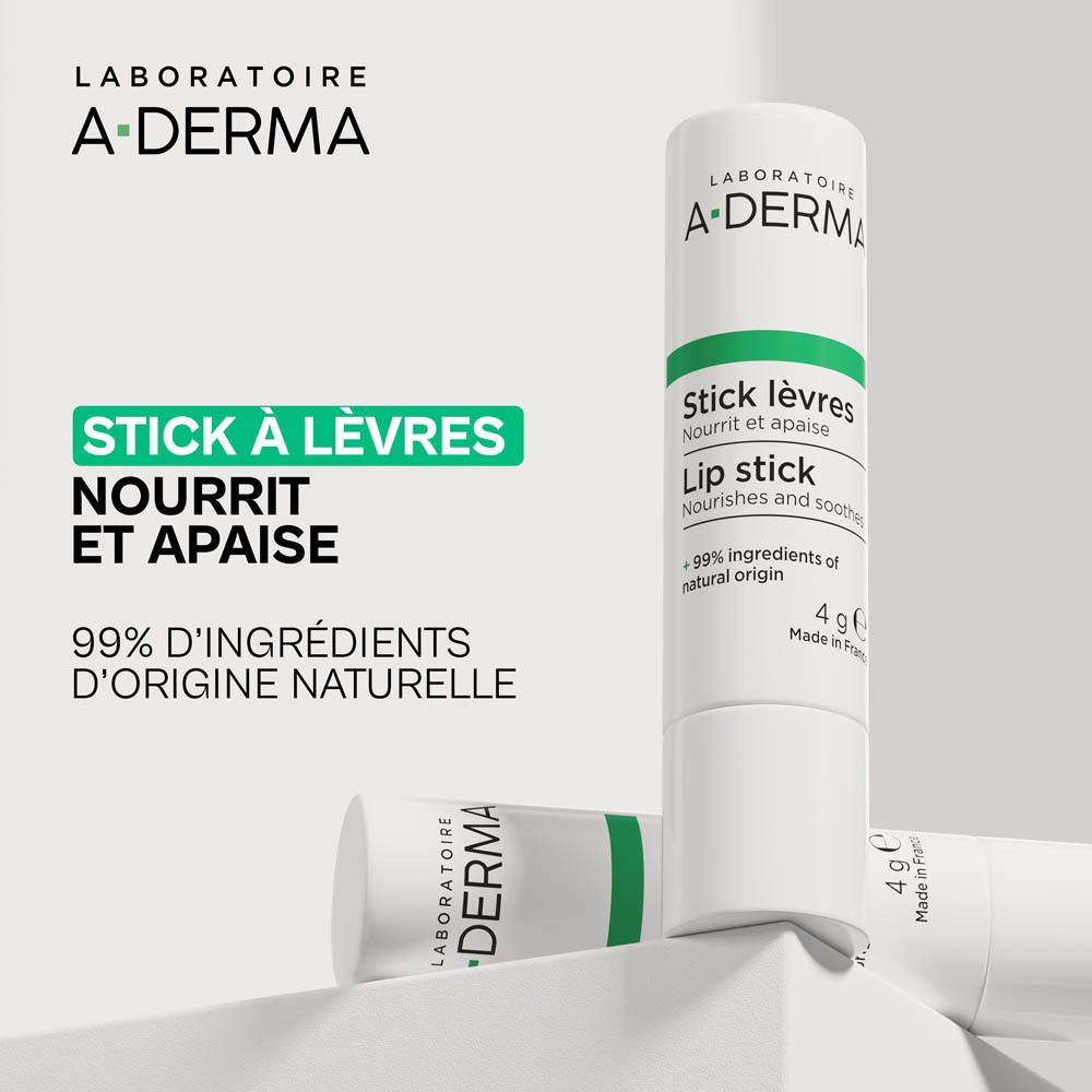 Stick à lèvres A-Derma, blanc, texte. Texte: Stick labial, Soin des lèvres.