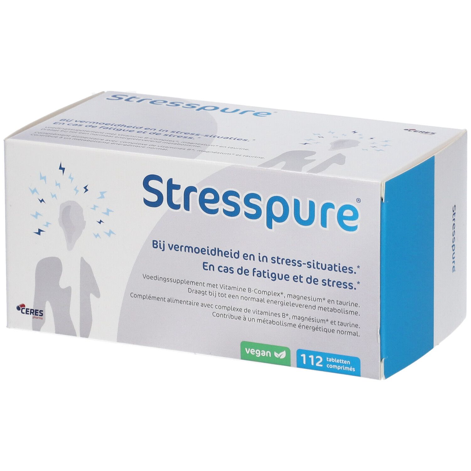 Weiße Schachtel mit Stresspure ®. Text: Bij vermoeidheid en in stress-situaties. Vegan-Logo. 112 Tabletten.