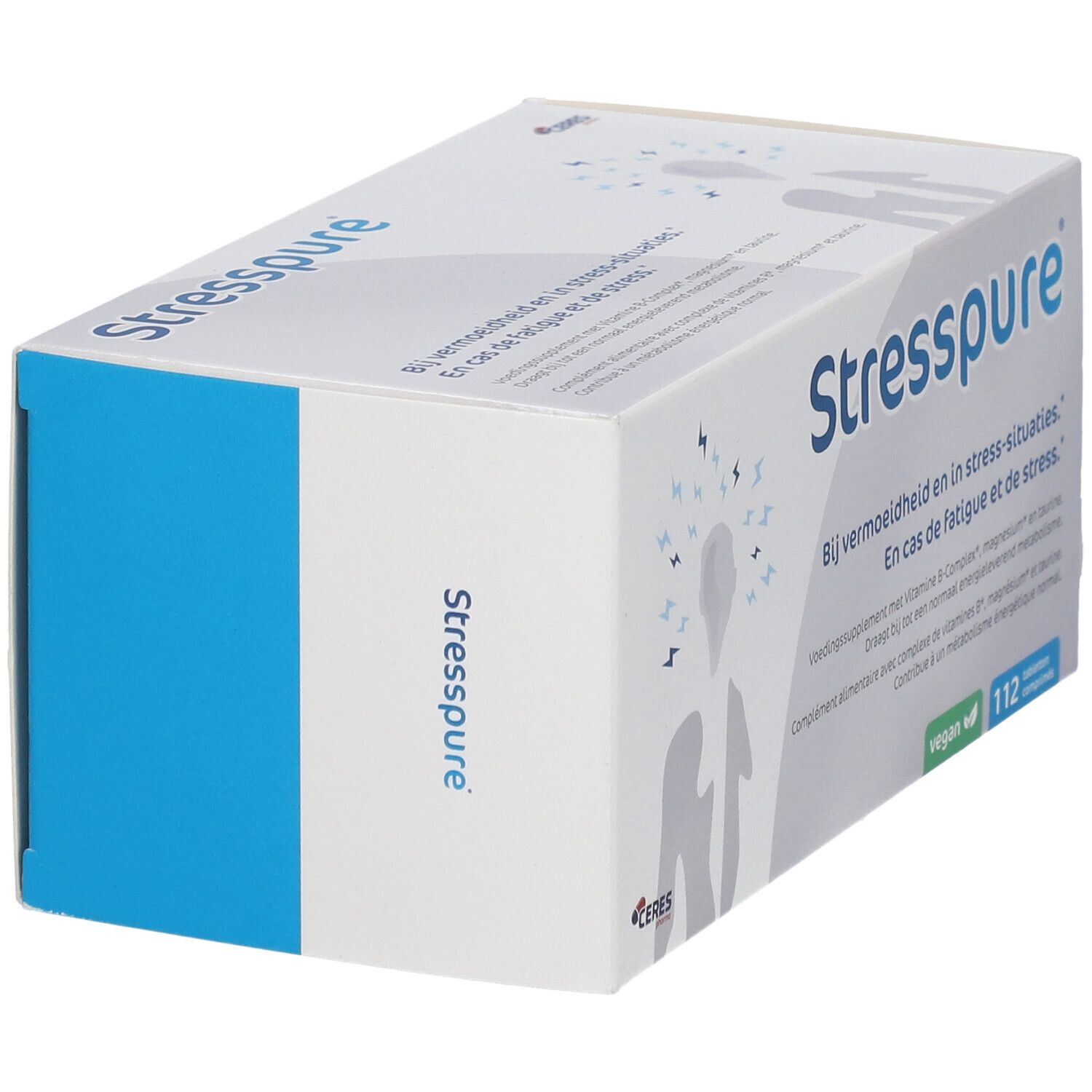 Schachtel Stresspure ®. Blaue Seite. Text: Bij vermoeidheid en in stress-situaties. 112 Tabletten.