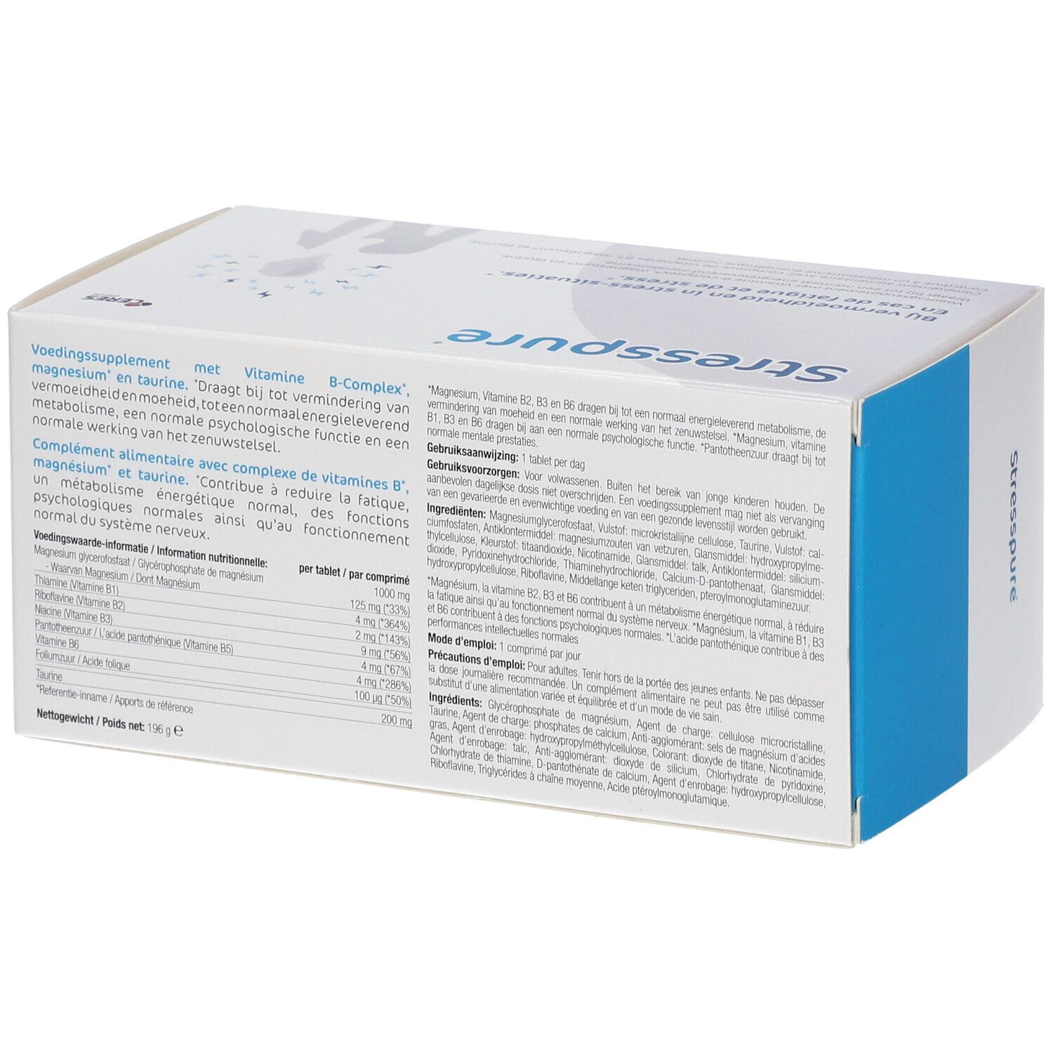 Rückseite der Schachtel Stresspure ®. Text: Voedingssupplement met vitamine B-Complex. Inhaltsstoffe.