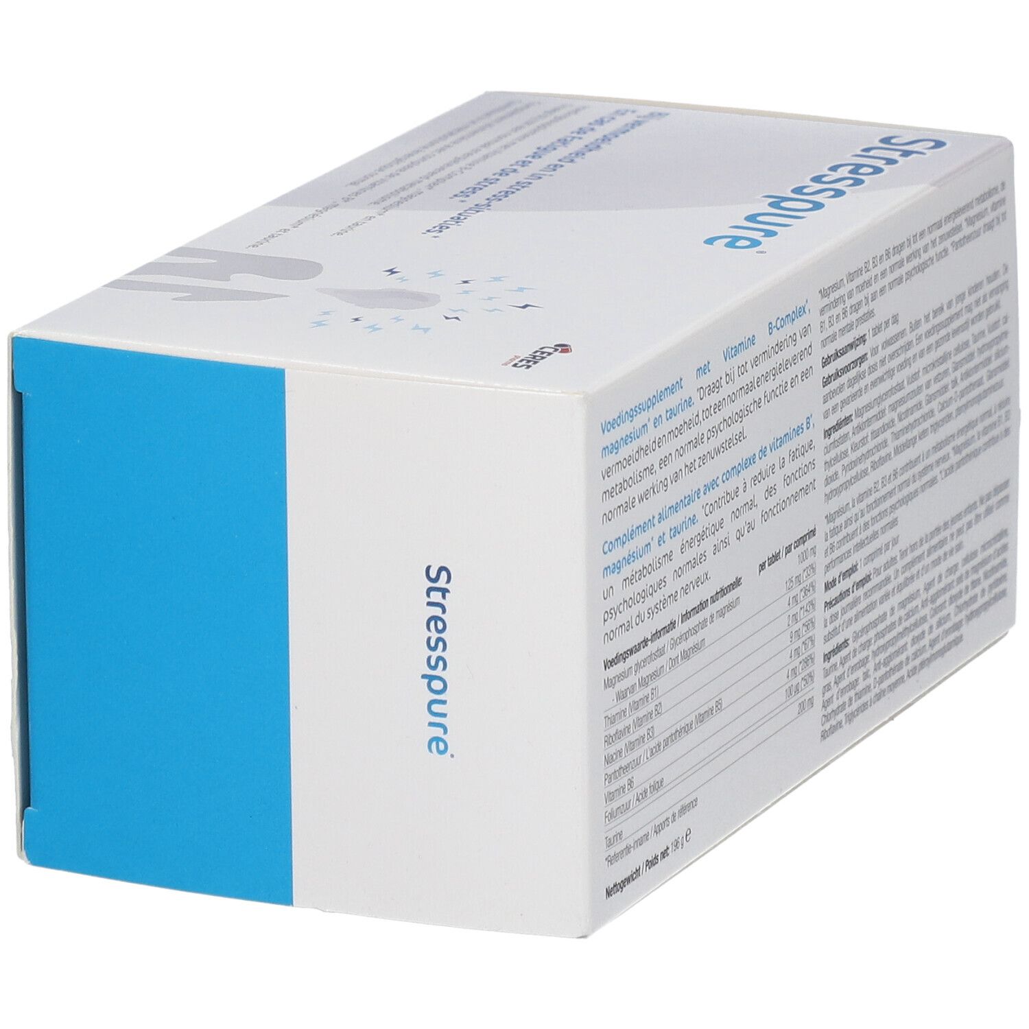 Rückseite der Schachtel Stresspure ®. Text: Voedingssupplement met vitamine B-Complex. Inhaltsstoffe.