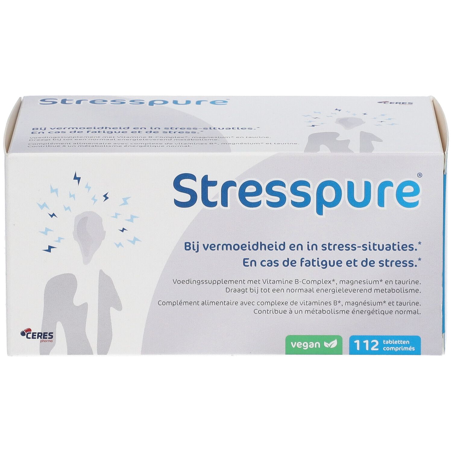 Weiße Schachtel Stresspure ®. Text: Bij vermoeidheid en in stress-situaties. Vegan-Logo. 112 Tabletten.