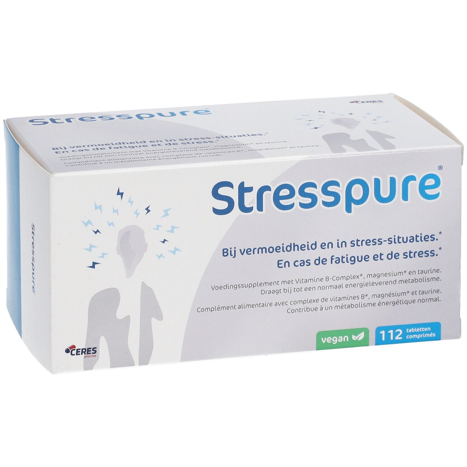 Weiße Schachtel Stresspure ®. Text: Bij vermoeidheid en in stress-situaties. Vegan-Logo. 112 Tabletten.