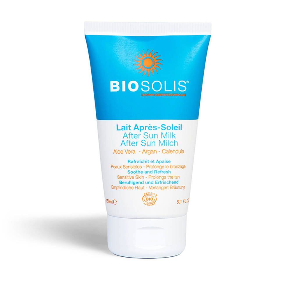 Tube de Lait Après-Soleil. Bouchon blanc, texte BIO SOLIS. Ingrédients: Aloe Vera, Argan, Calendula. Format tube.