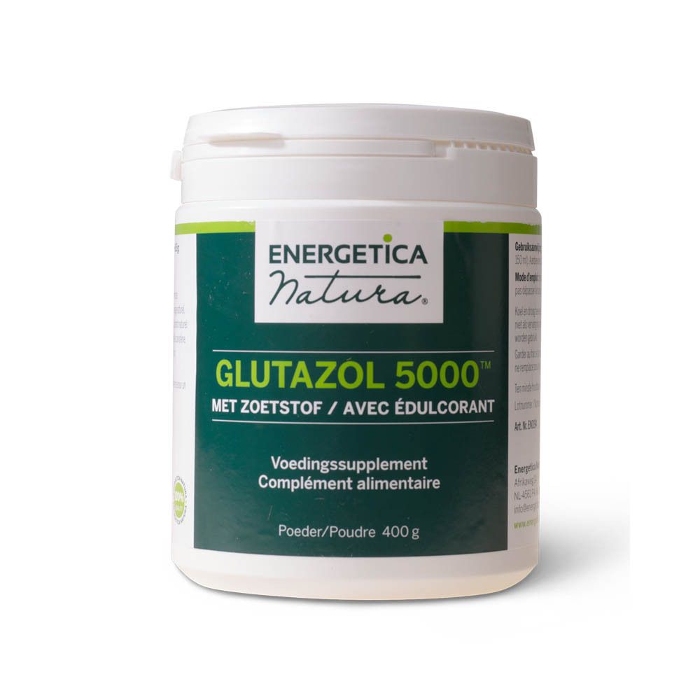 Weißer Behälter mit grünem Etikett. Text: ENERGETICA NATURA GLUTAZOL 5000, MET ZOETSTOF / AVEC ÉDULCORANT, Voedingssupplement, 400 g.