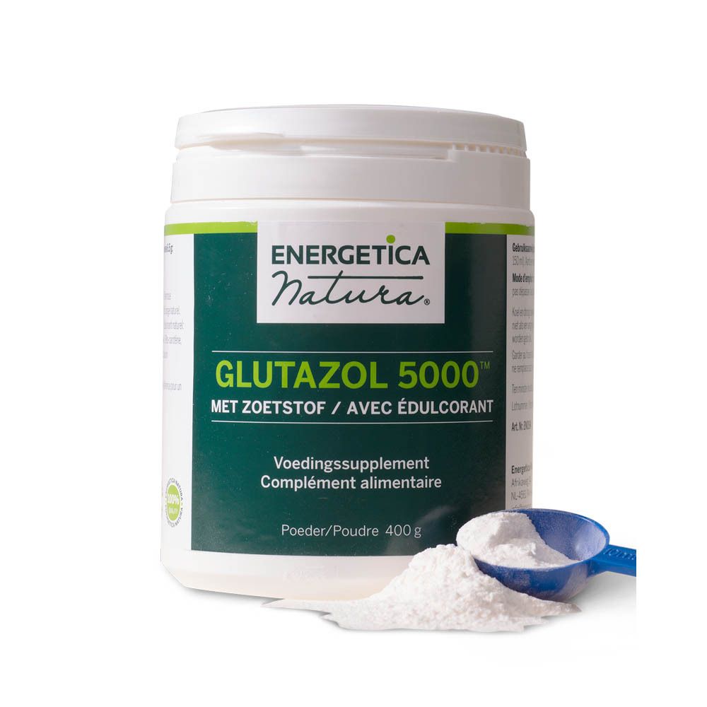 Weißer Behälter mit grünem Etikett. Text: ENERGETICA NATURA GLUTAZOL 5000, MET ZOETSTOF / AVEC ÉDULCORANT, Voedingssupplement, 400 g.