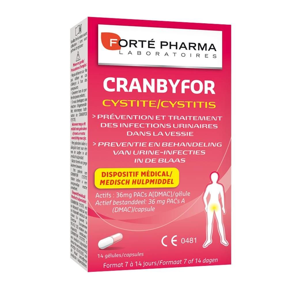 Verpackung mit Produktnamen CRANBYFOR, Text in Französisch und Niederländisch. Medizinprodukt mit CE-Kennzeichnung. Enthält Kapseln.