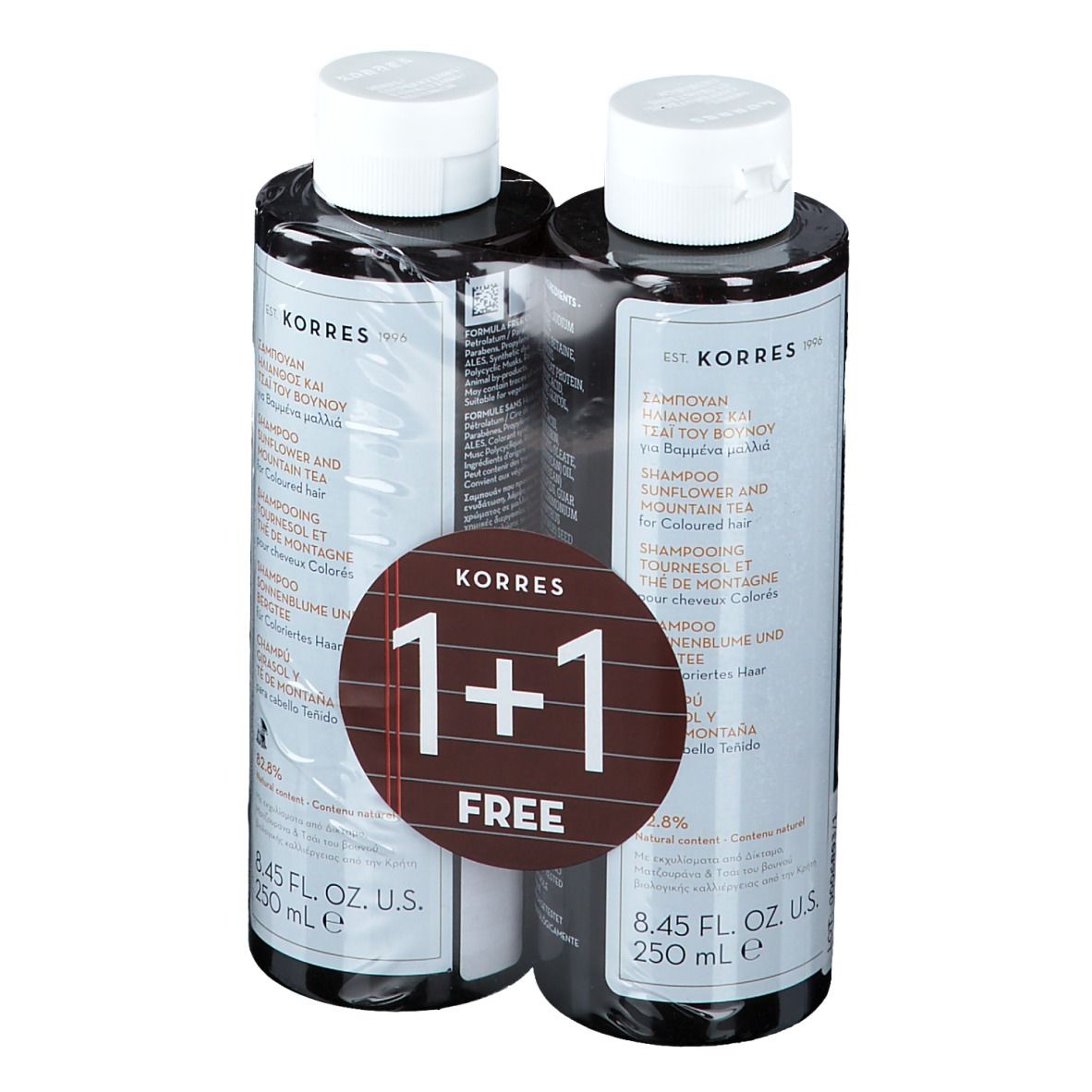 Zwei Shampoo-Flaschen. Aufkleber mit "1+1 Free". Schwarze Flaschen mit weißem Deckel. Text: KORRES, Sonnenblume & Tee.