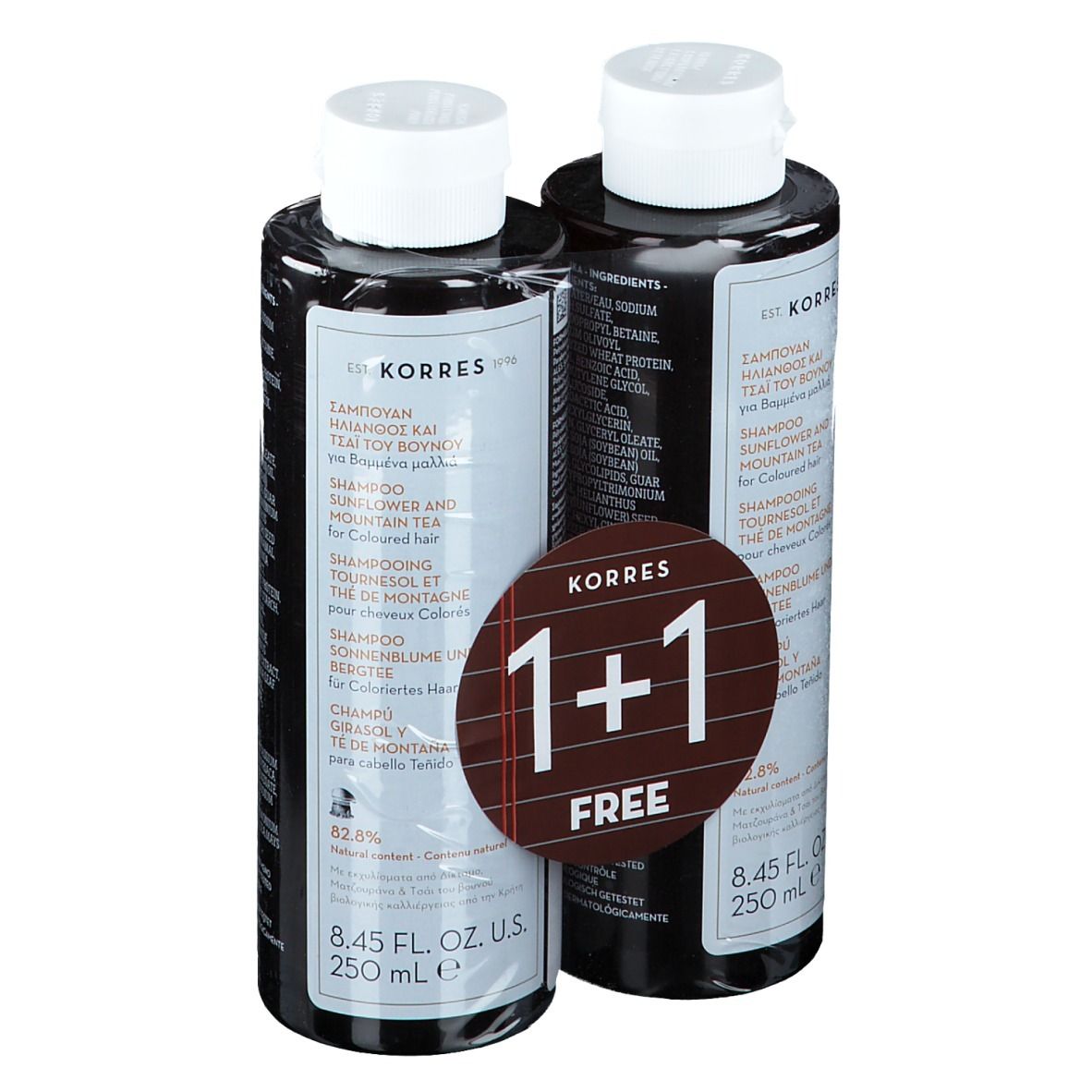 Zwei Shampoo-Flaschen. Aufkleber mit "1+1 Free". Schwarze Flaschen mit weißem Deckel. Text: KORRES, Sonnenblume & Tee.