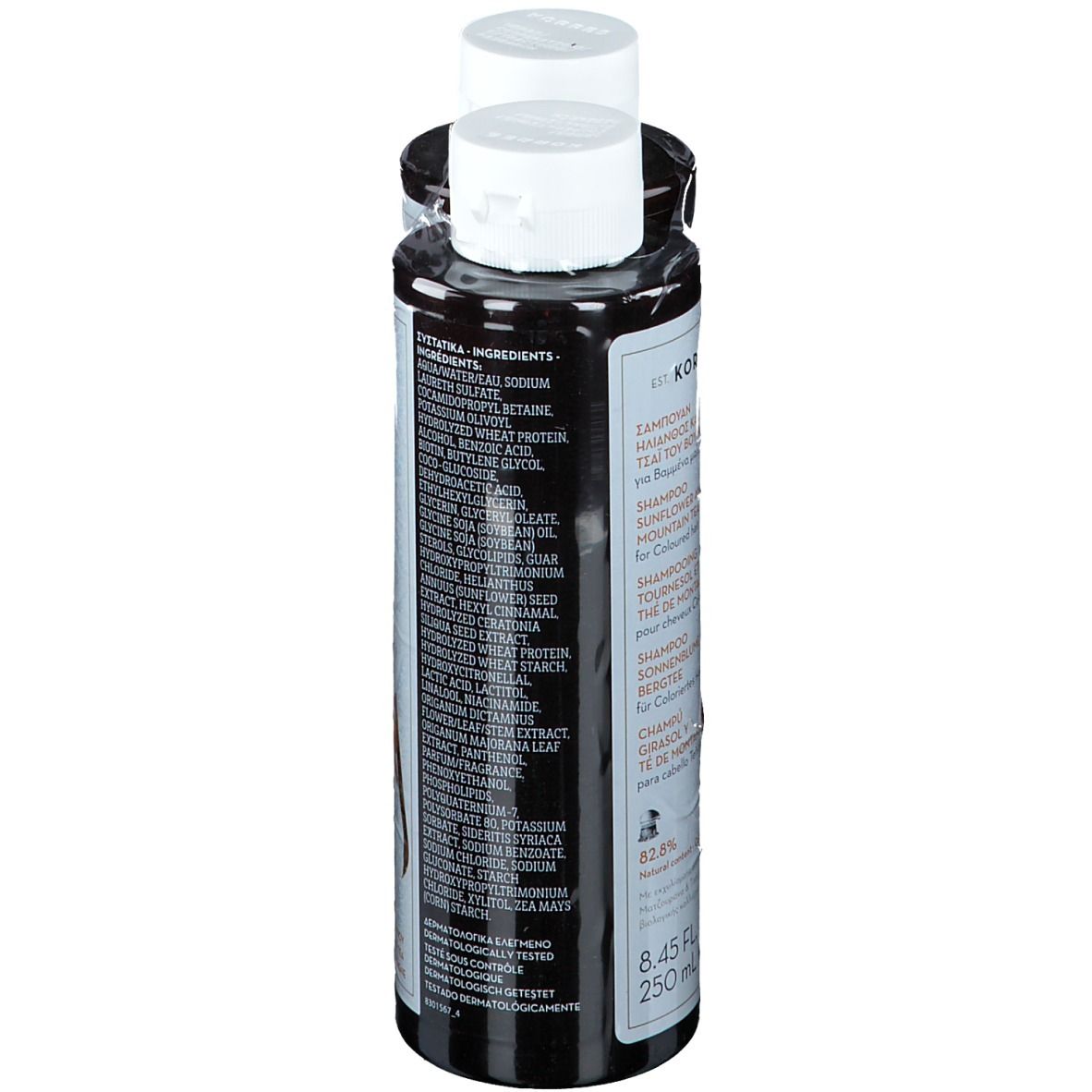 Zwei Shampoo-Flaschen. Schwarze Flaschen mit weißem Deckel. Text: KORRES, Shampoo Sonnenblume & Tee. Rückseite mit Inhaltsstoffen.