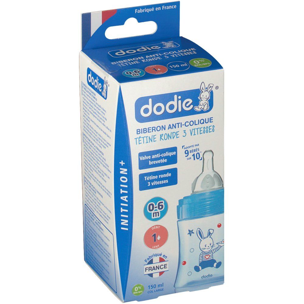Verpackung mit Babyflasche. Blaue Flasche mit Hasenmotiv, 0-6 Monate, 150 ml. Text: dodie®, Biberon Anti-Colique, Tetine Ronde 3 Vitesses.