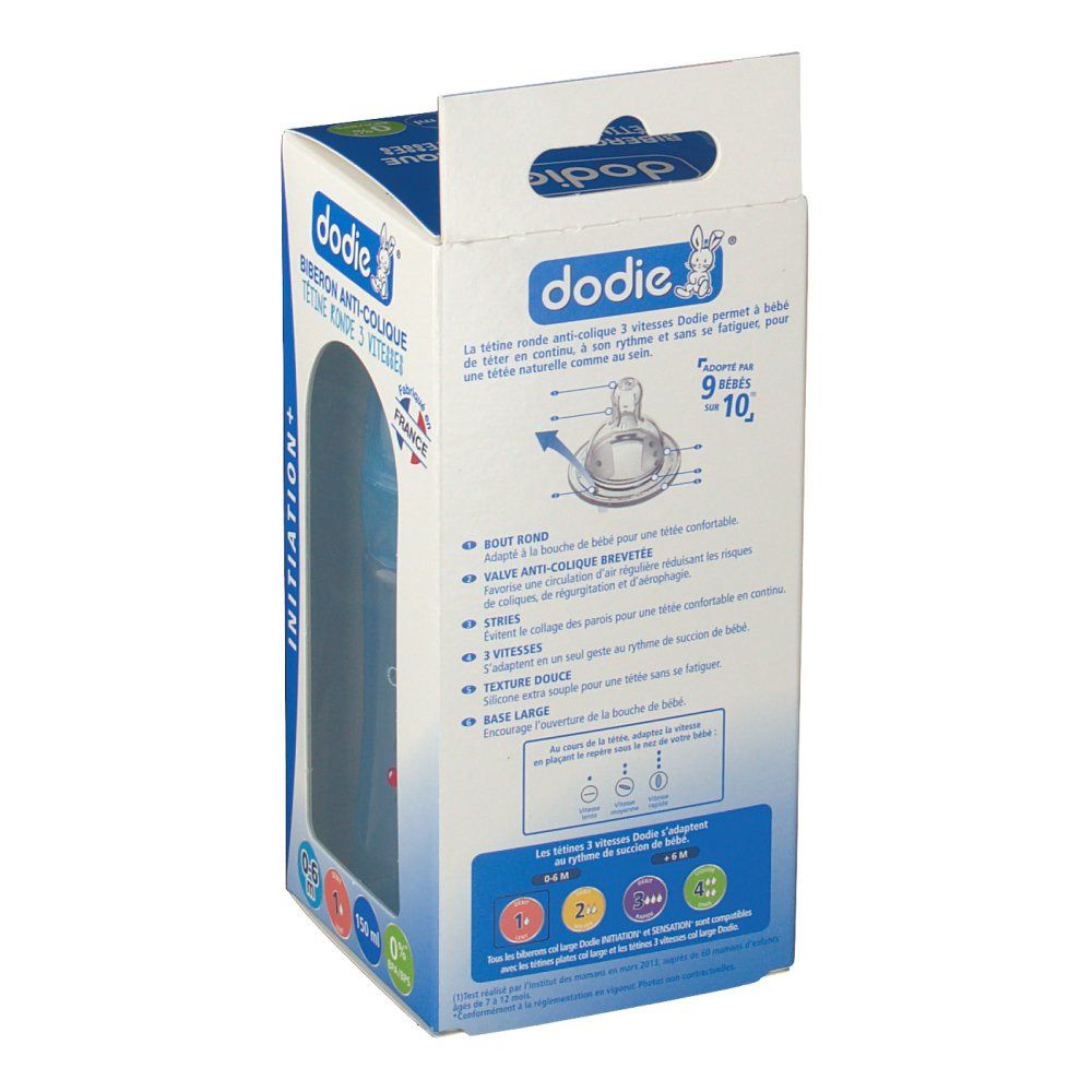 Rückseite der Verpackung. Text: dodie®, Biberon Anti-Colique, Tetine Ronde 3 Vitesses. Illustrationen der Flaschenmerkmale und Informationen.