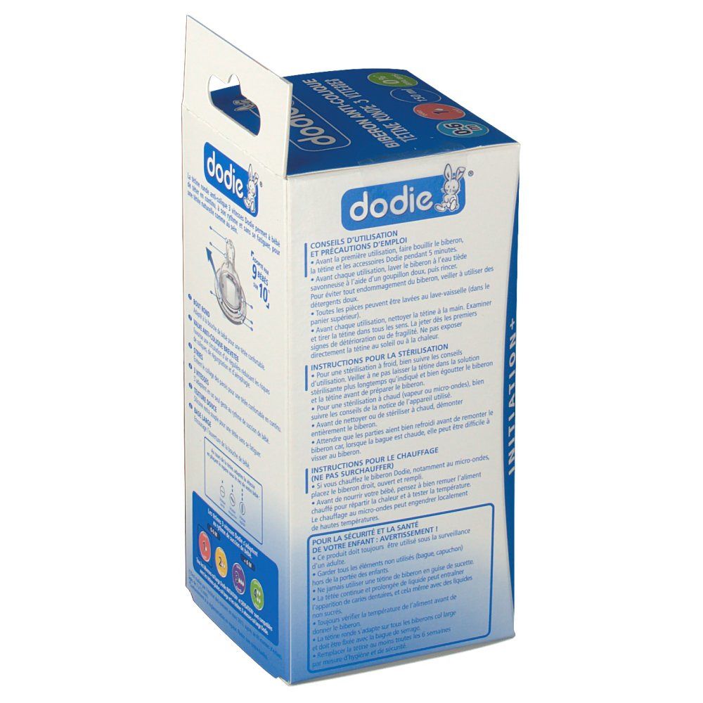 Rückseite der Verpackung. Text: dodie®, Biberon Anti-Colique, Tetine Ronde 3 Vitesses. Anweisungen und Informationen zur Verwendung.
