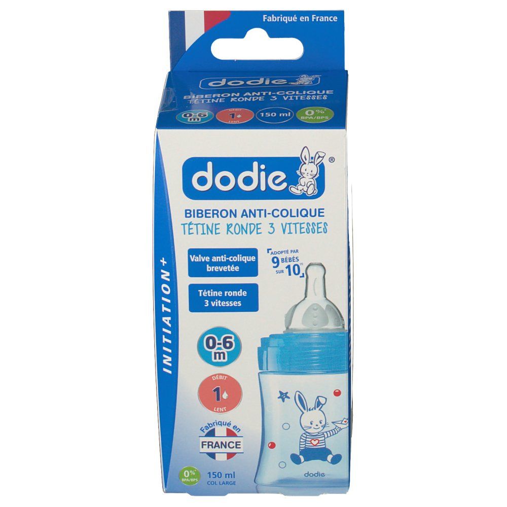 Verpackung mit Babyflasche. Blaue Flasche mit Hasenmotiv, 0-6 Monate, 150 ml. Text: dodie®, Biberon Anti-Colique, Tetine Ronde 3 Vitesses.
